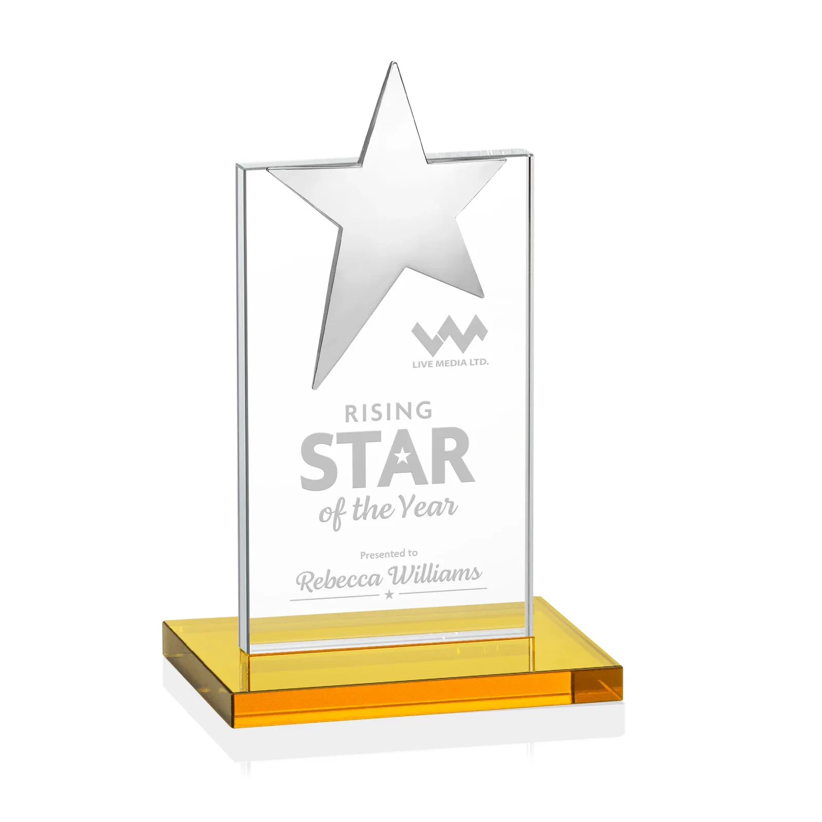 Custom Starfire Crystal Award with Fixed Chrome Star Top for corporate award ceremonies