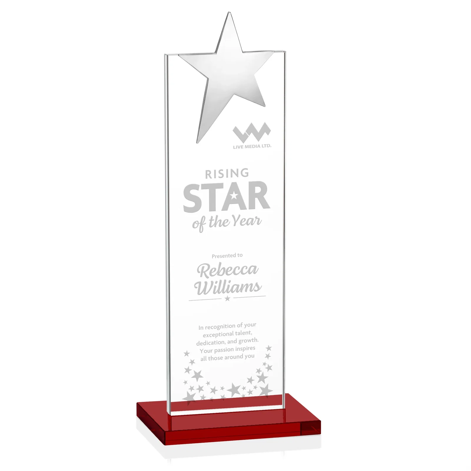Personalized Starfire Crystal Award with Fixed Chrome Star Top for graduation ceremonies