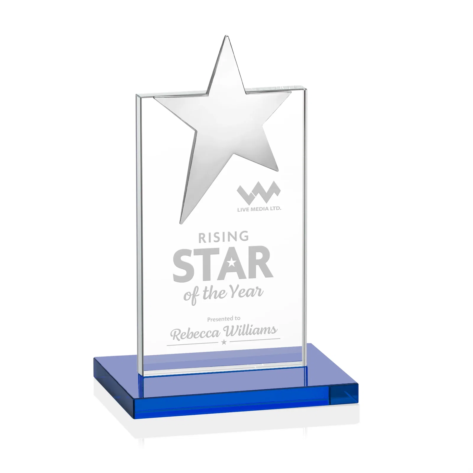 Personalized Starfire Crystal Award with Fixed Chrome Star Top for volunteer appreciation
