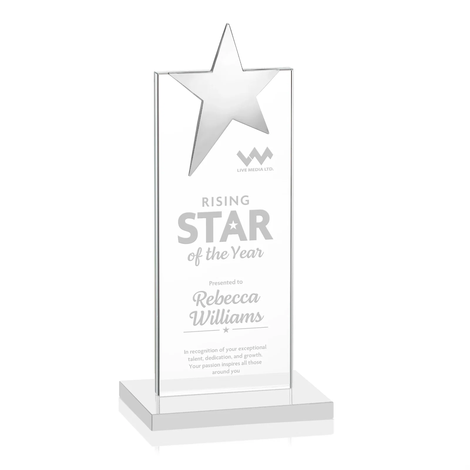 Promotional Starfire Crystal Award with Fixed Chrome Star Top for service anniversary gifts