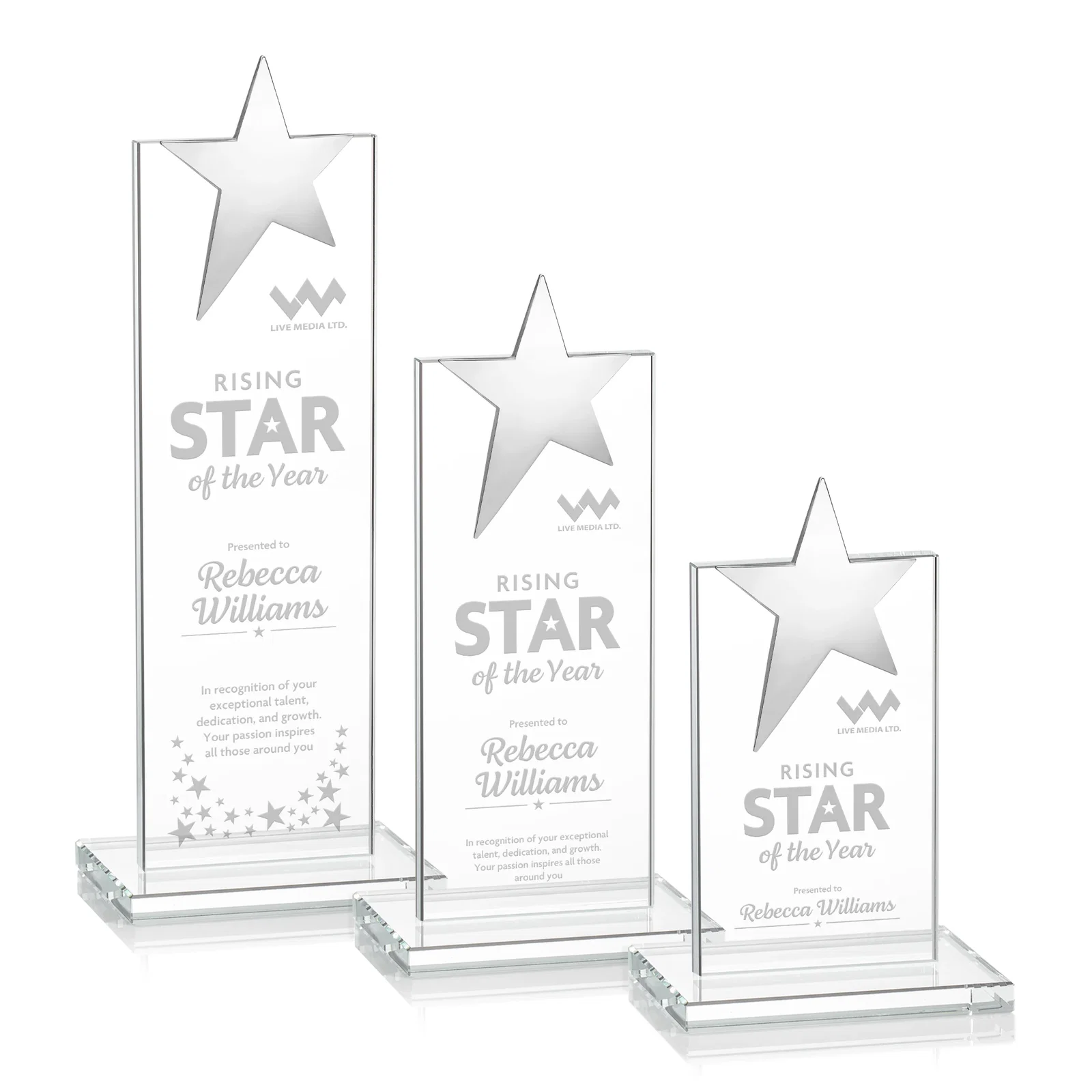 Promotional Starfire Crystal Award with Fixed Chrome Star Top for retirement presentations