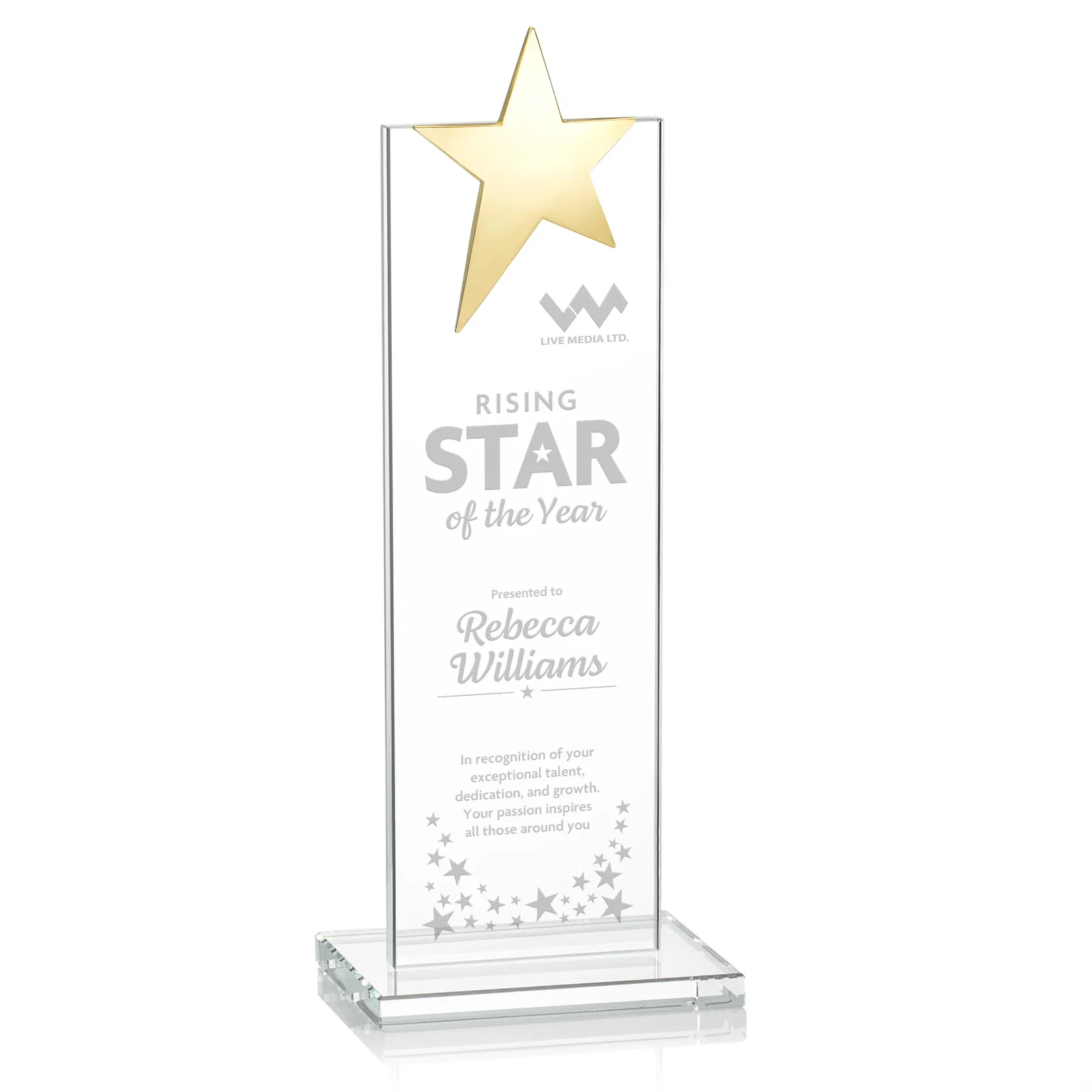 Promotional Starfire Crystal Award with Fixed Chrome Star Top for company anniversary events