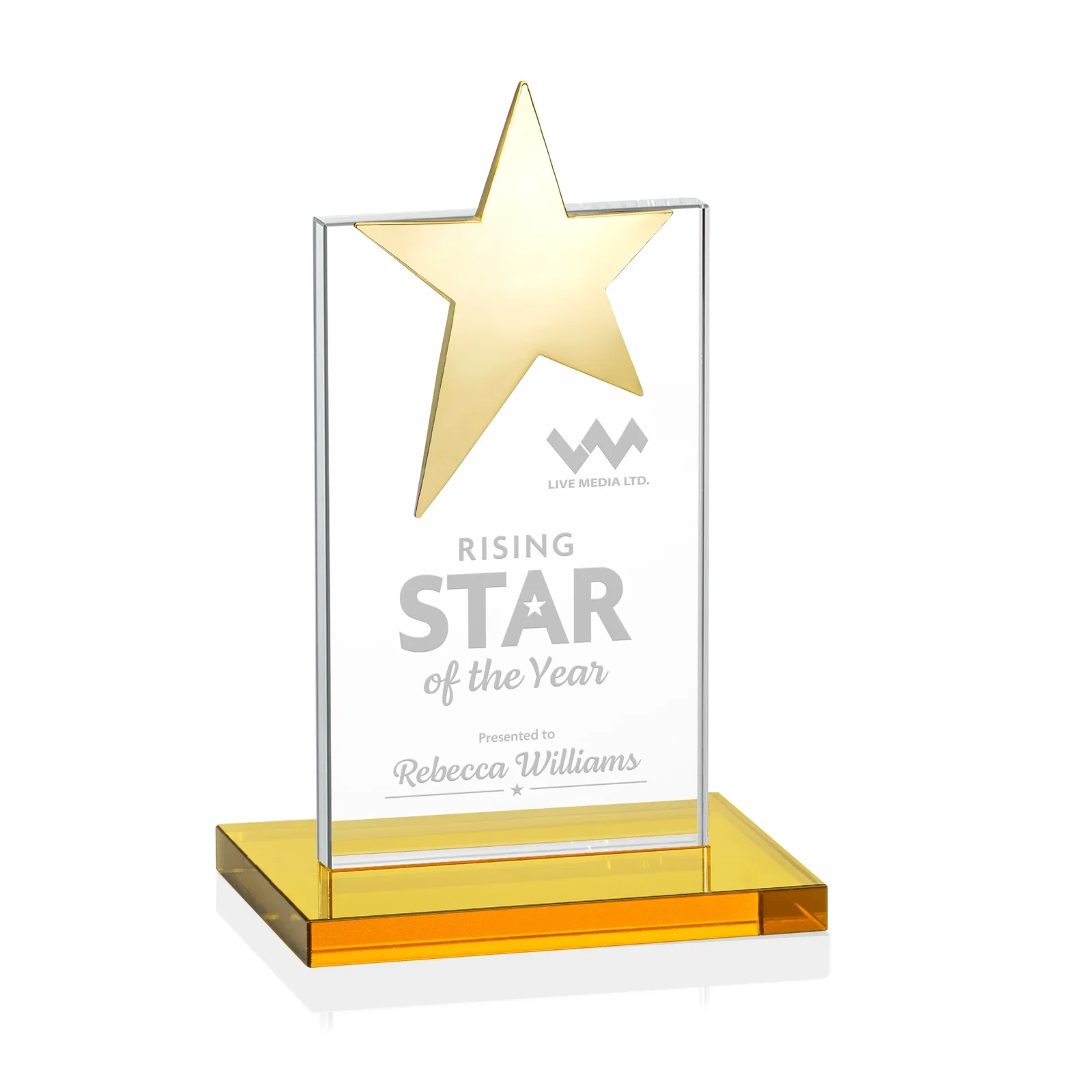 Branded Starfire Crystal Award with Fixed Chrome Star Top for corporate award ceremonies