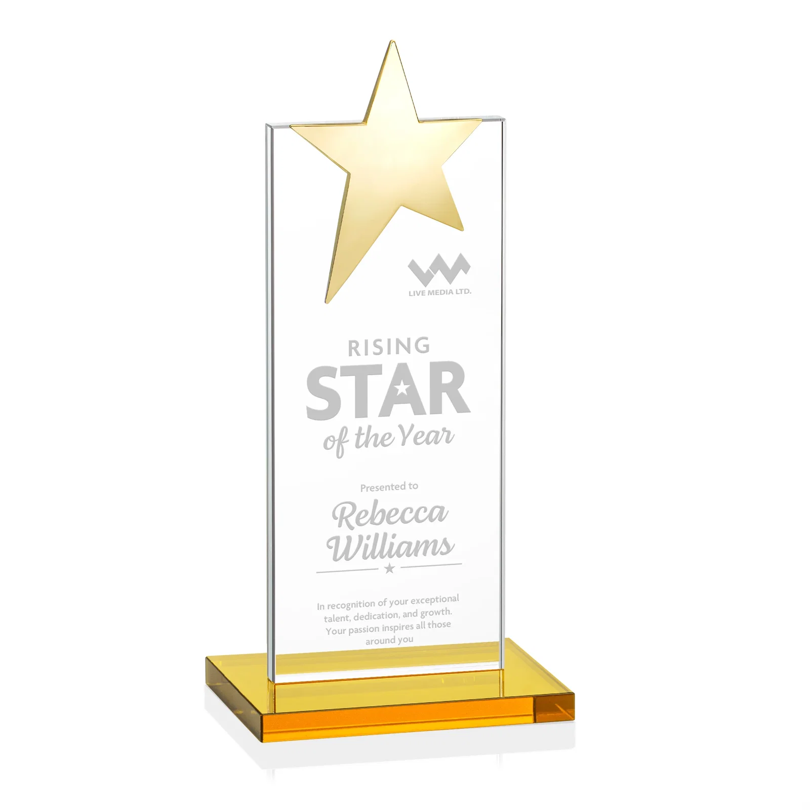Branded Starfire Crystal Award with Fixed Chrome Star Top for service anniversary gifts