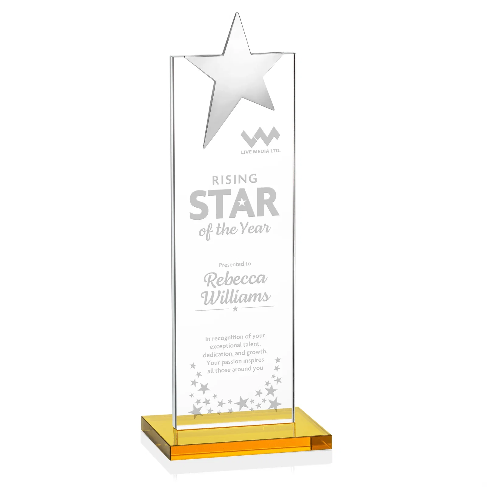Custom Starfire Crystal Award with Fixed Chrome Star Top for sales achievement awards