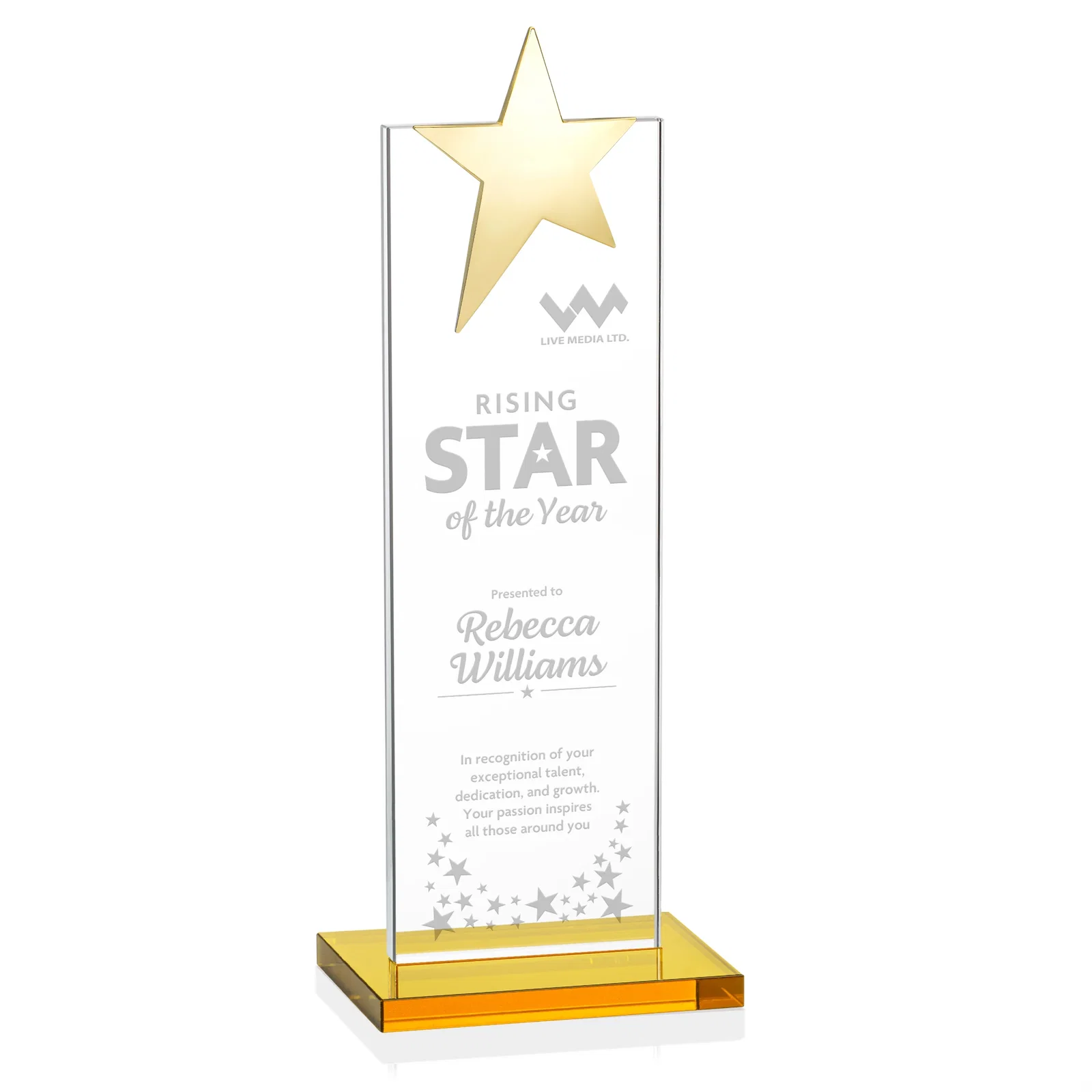 Branded Starfire Crystal Award with Fixed Chrome Star Top for sales achievement awards