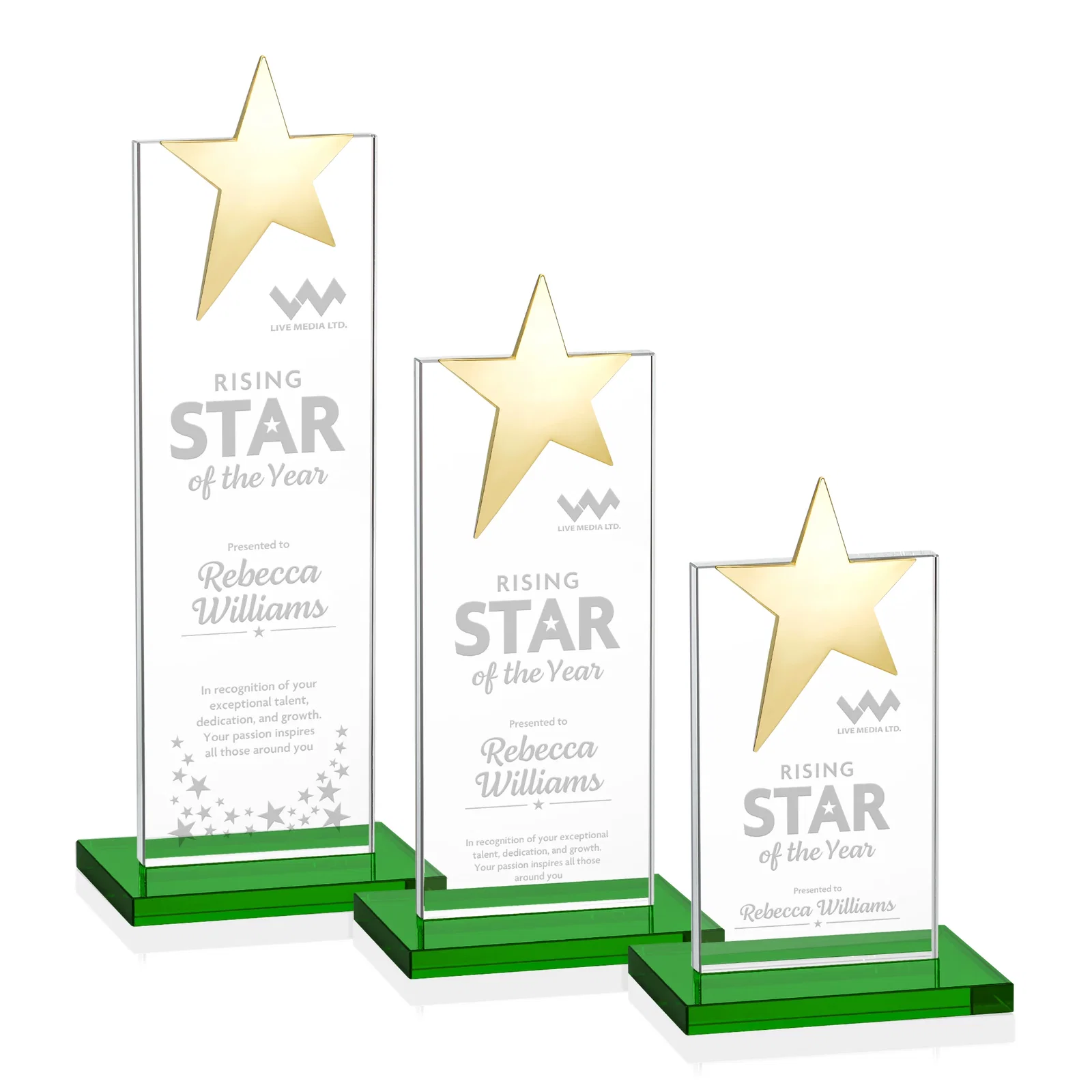 Branded Starfire Crystal Award with Fixed Chrome Star Top for retirement presentations