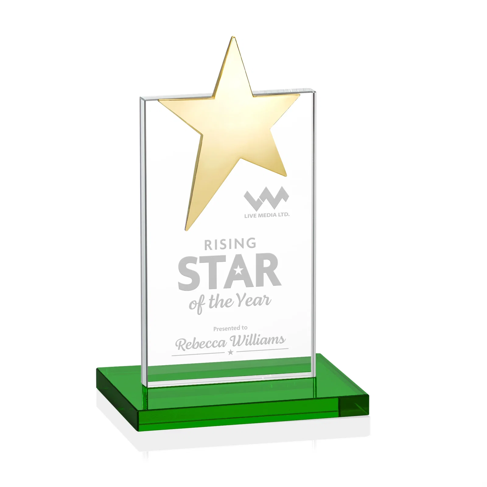 Branded Starfire Crystal Award with Fixed Chrome Star Top for team milestone celebrations