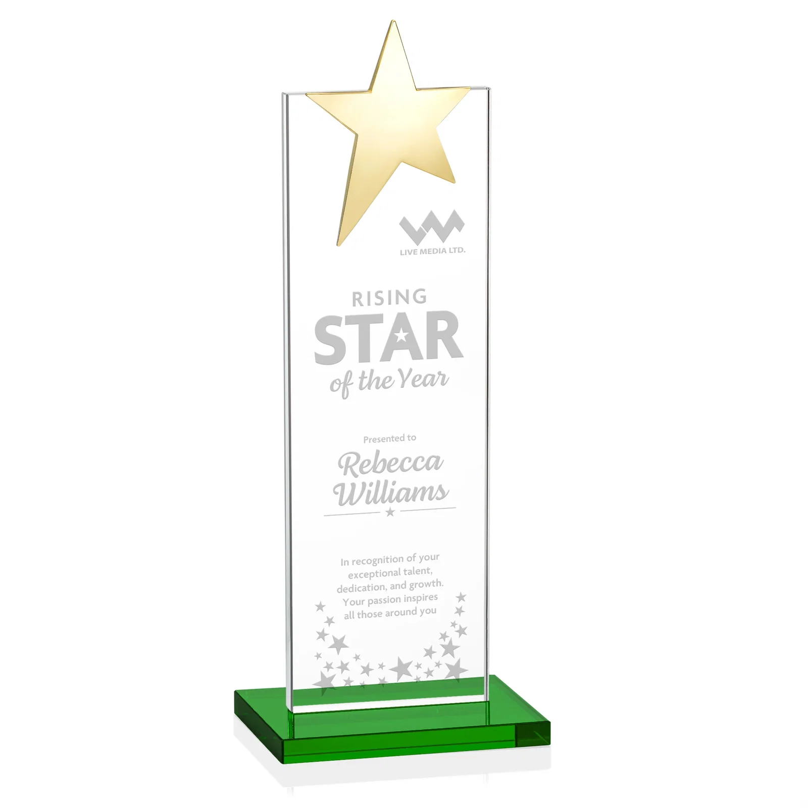 Branded Starfire Crystal Award with Fixed Chrome Star Top for graduation ceremonies