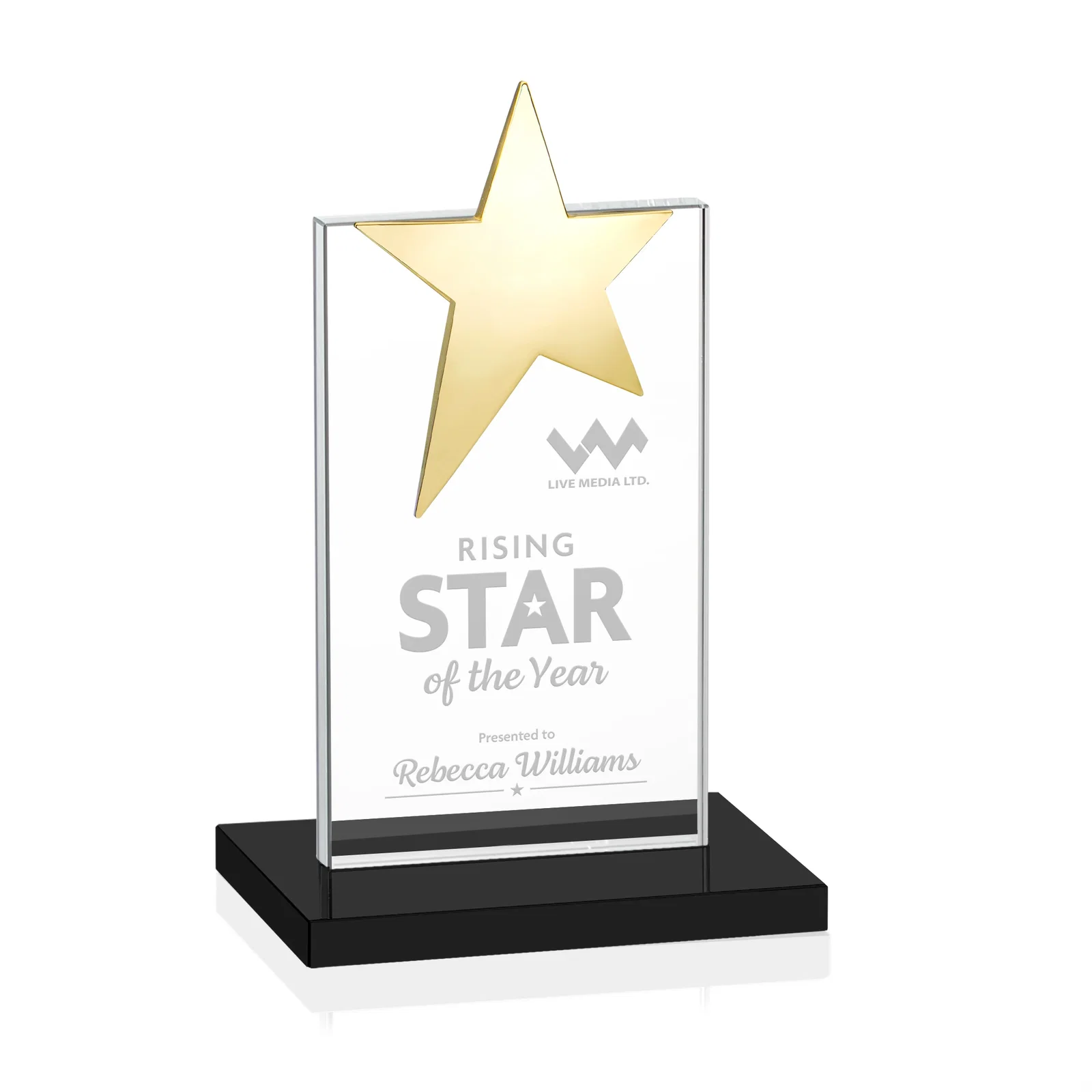 Branded Starfire Crystal Award with Fixed Chrome Star Top for volunteer appreciation