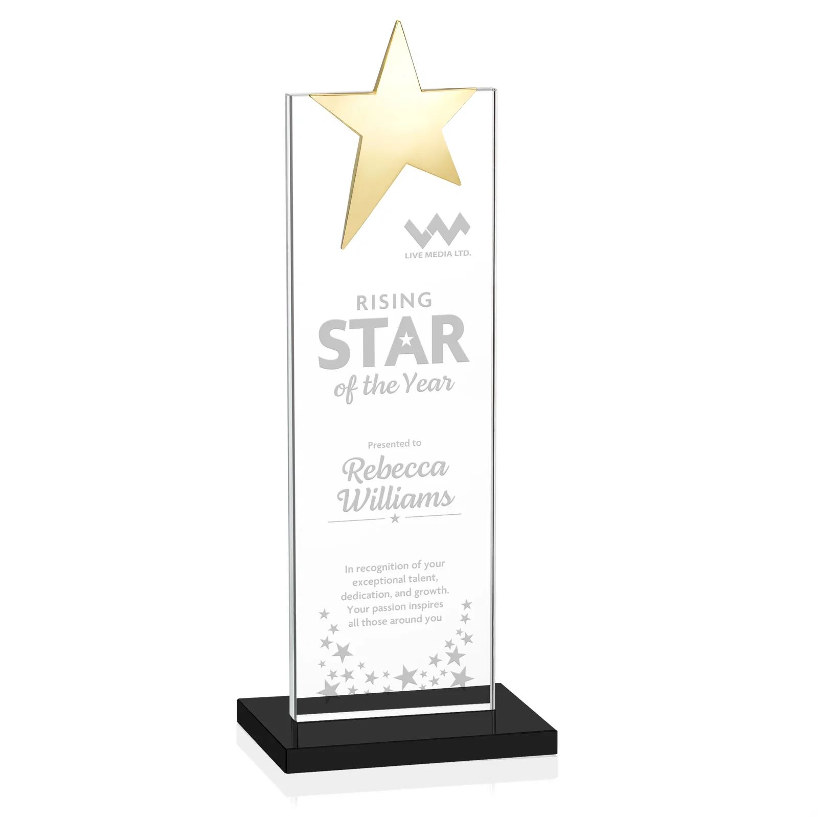 Branded Starfire Crystal Award with Fixed Chrome Star Top for company anniversary events