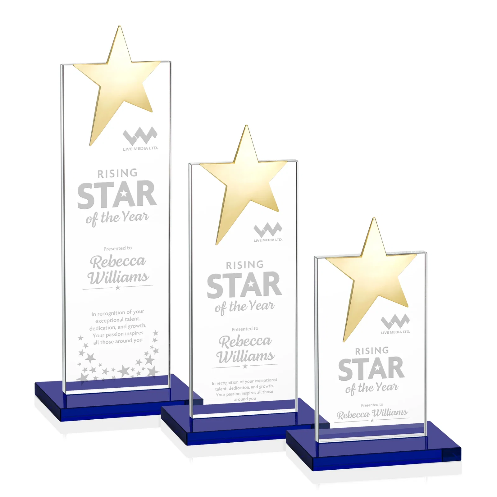Custom printed Starfire Crystal Award with Fixed Chrome Star Top for employee recognition