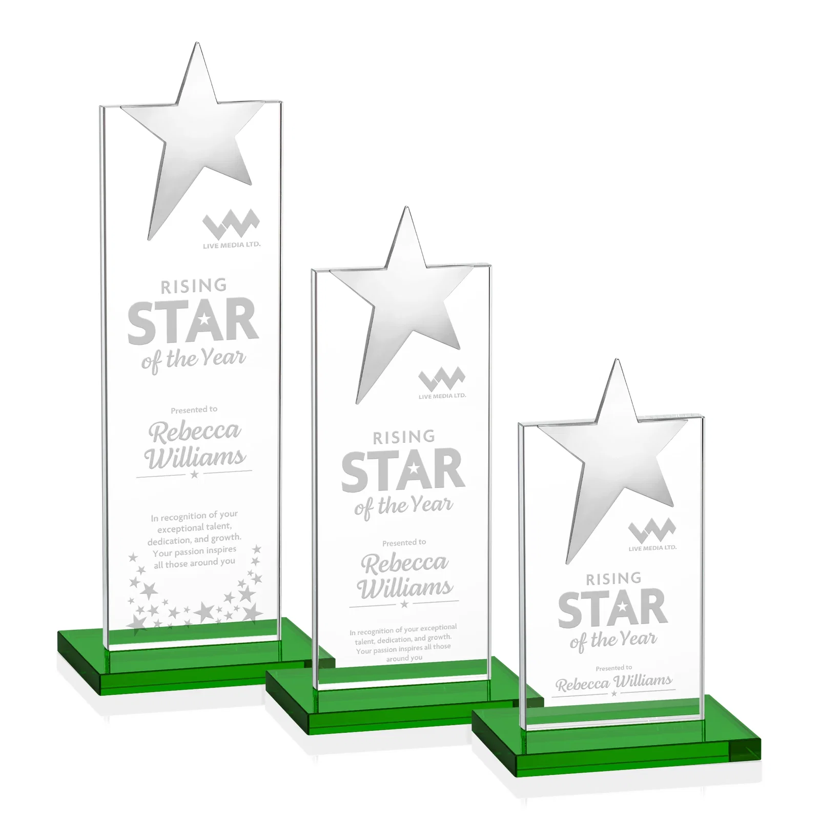 Custom Starfire Crystal Award with Fixed Chrome Star Top for retirement presentations