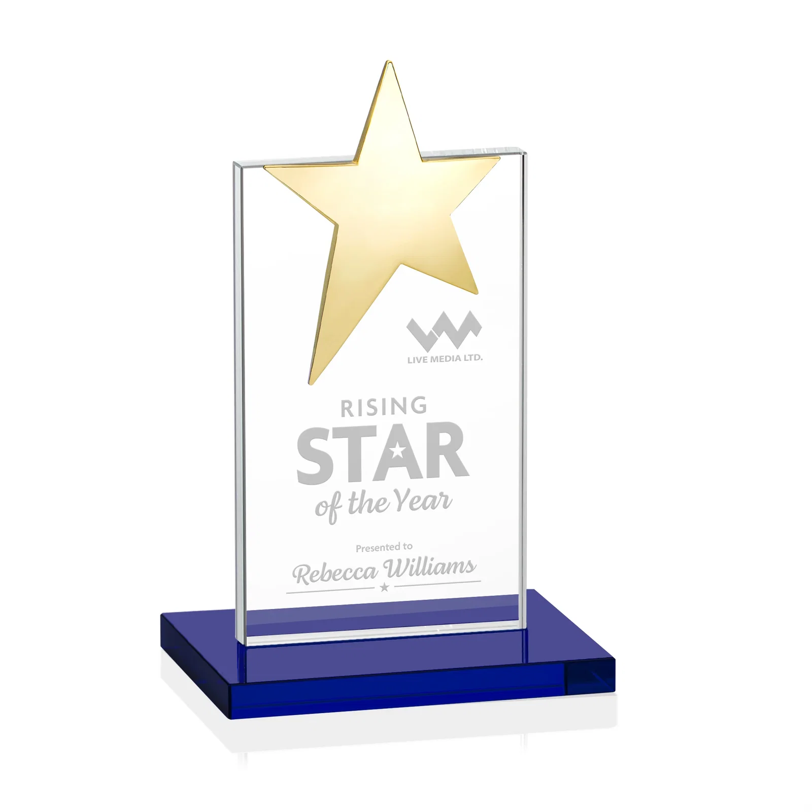 Custom printed Starfire Crystal Award with Fixed Chrome Star Top for corporate award ceremonies