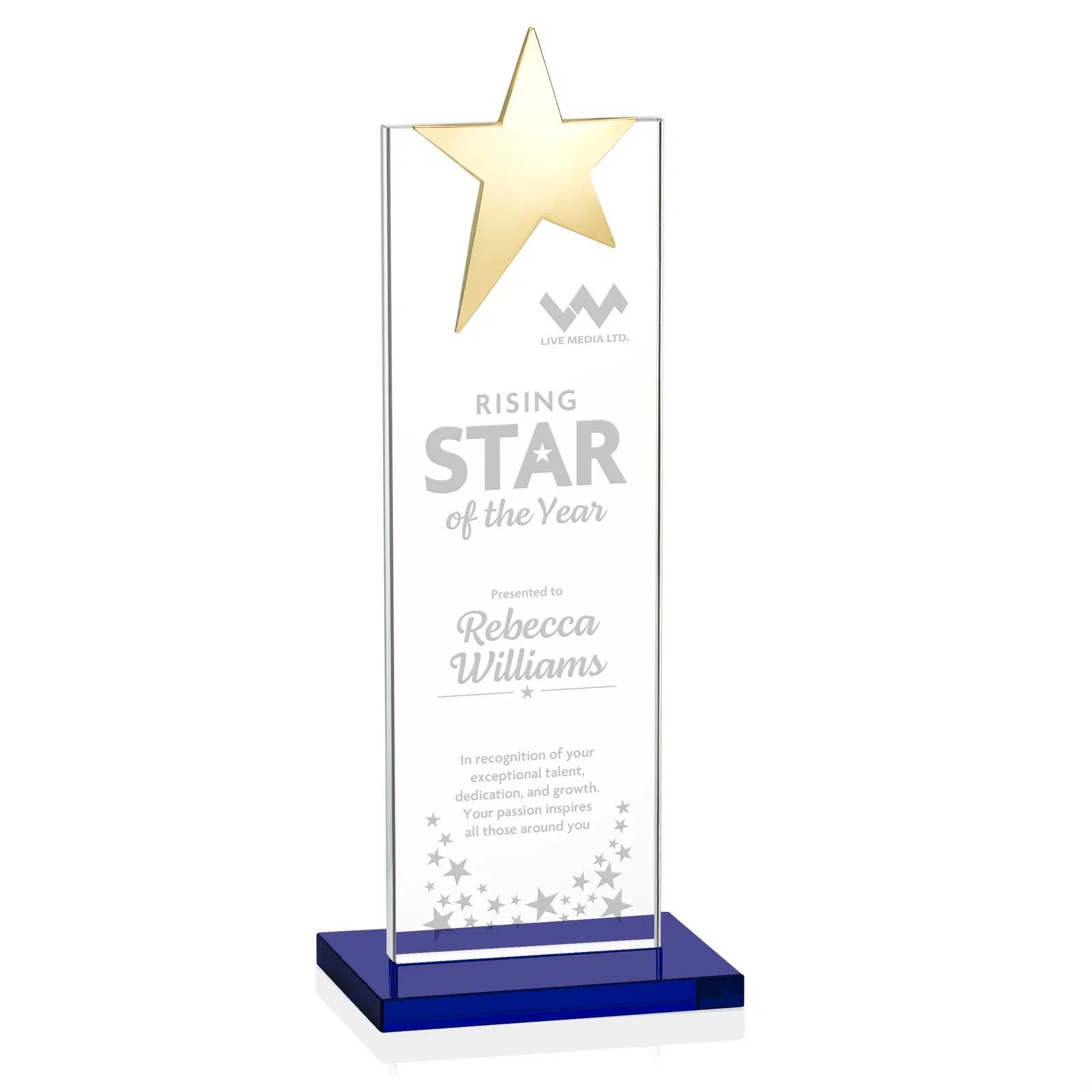 Custom printed Starfire Crystal Award with Fixed Chrome Star Top for sales achievement awards