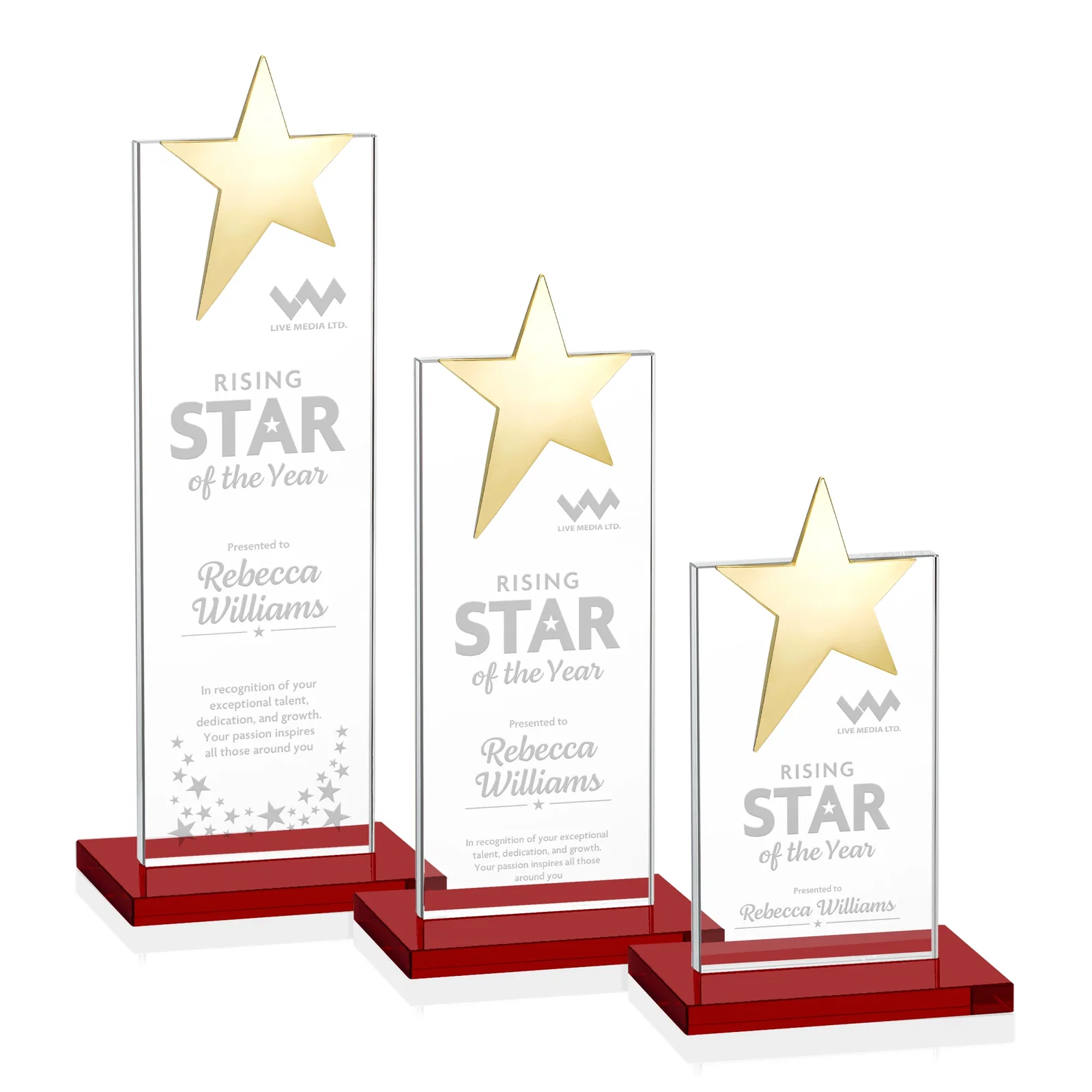 Custom printed Starfire Crystal Award with Fixed Chrome Star Top for retirement presentations