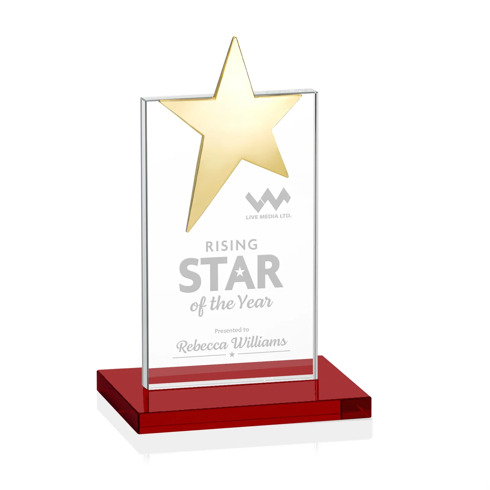Custom printed Starfire Crystal Award with Fixed Chrome Star Top for team milestone celebrations