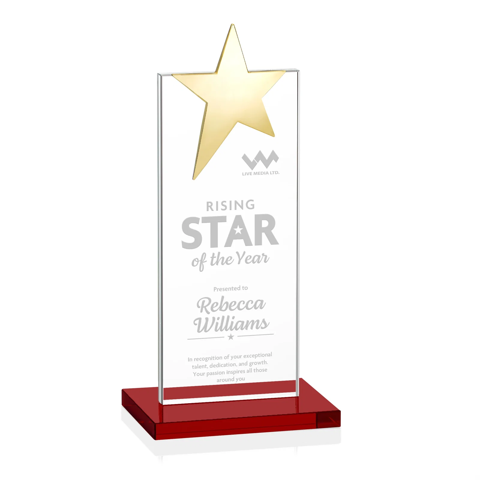 Custom printed Starfire Crystal Award with Fixed Chrome Star Top for donor appreciation