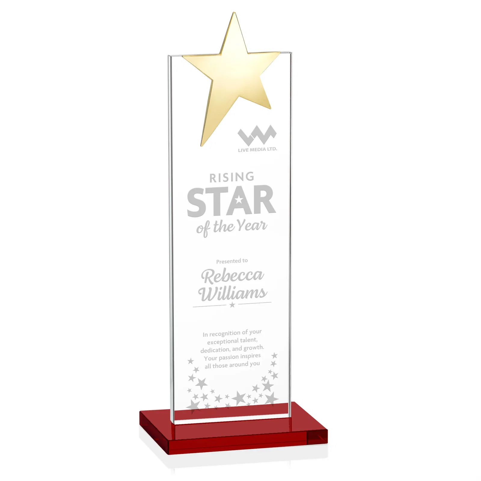 Custom printed Starfire Crystal Award with Fixed Chrome Star Top for graduation ceremonies