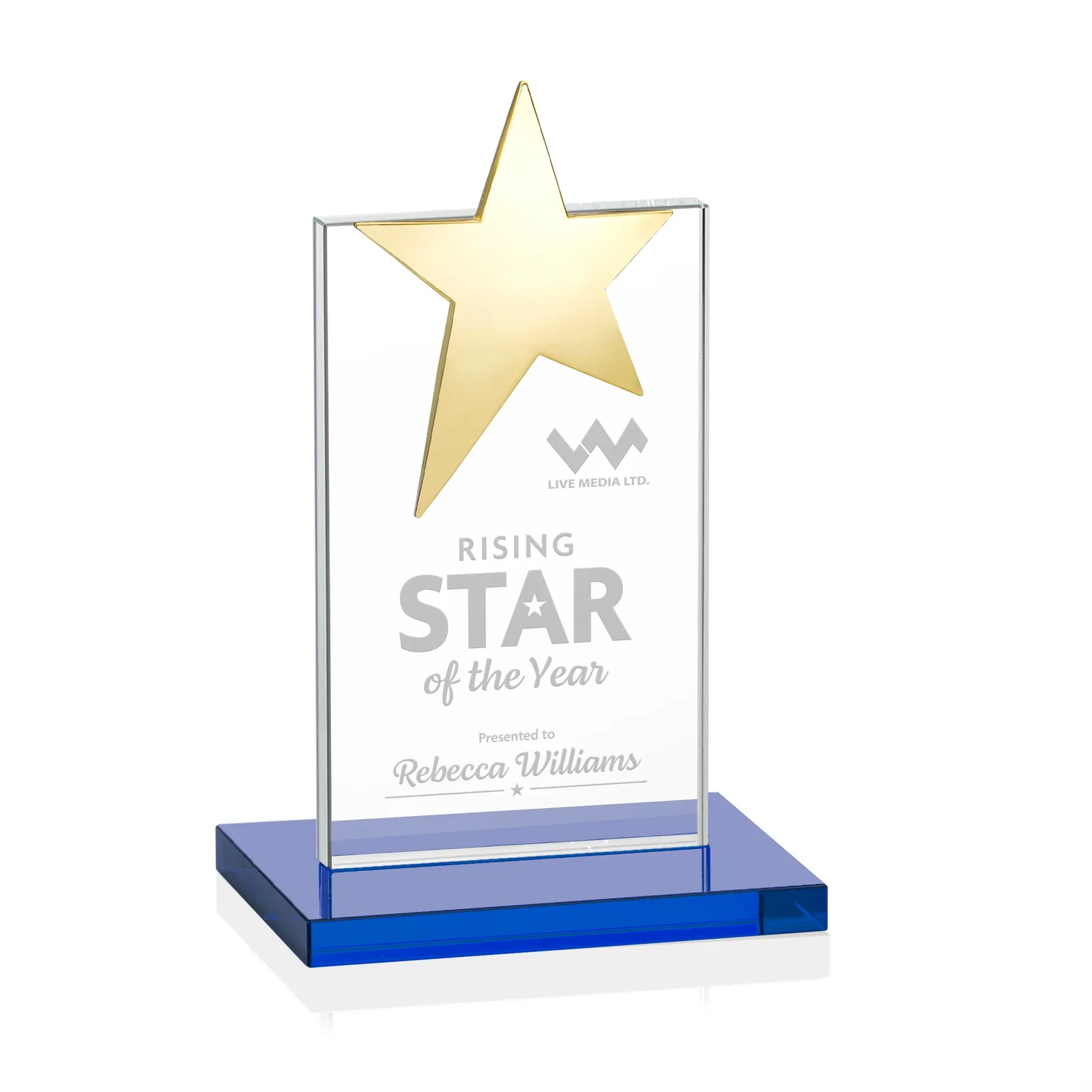 Custom printed Starfire Crystal Award with Fixed Chrome Star Top for volunteer appreciation