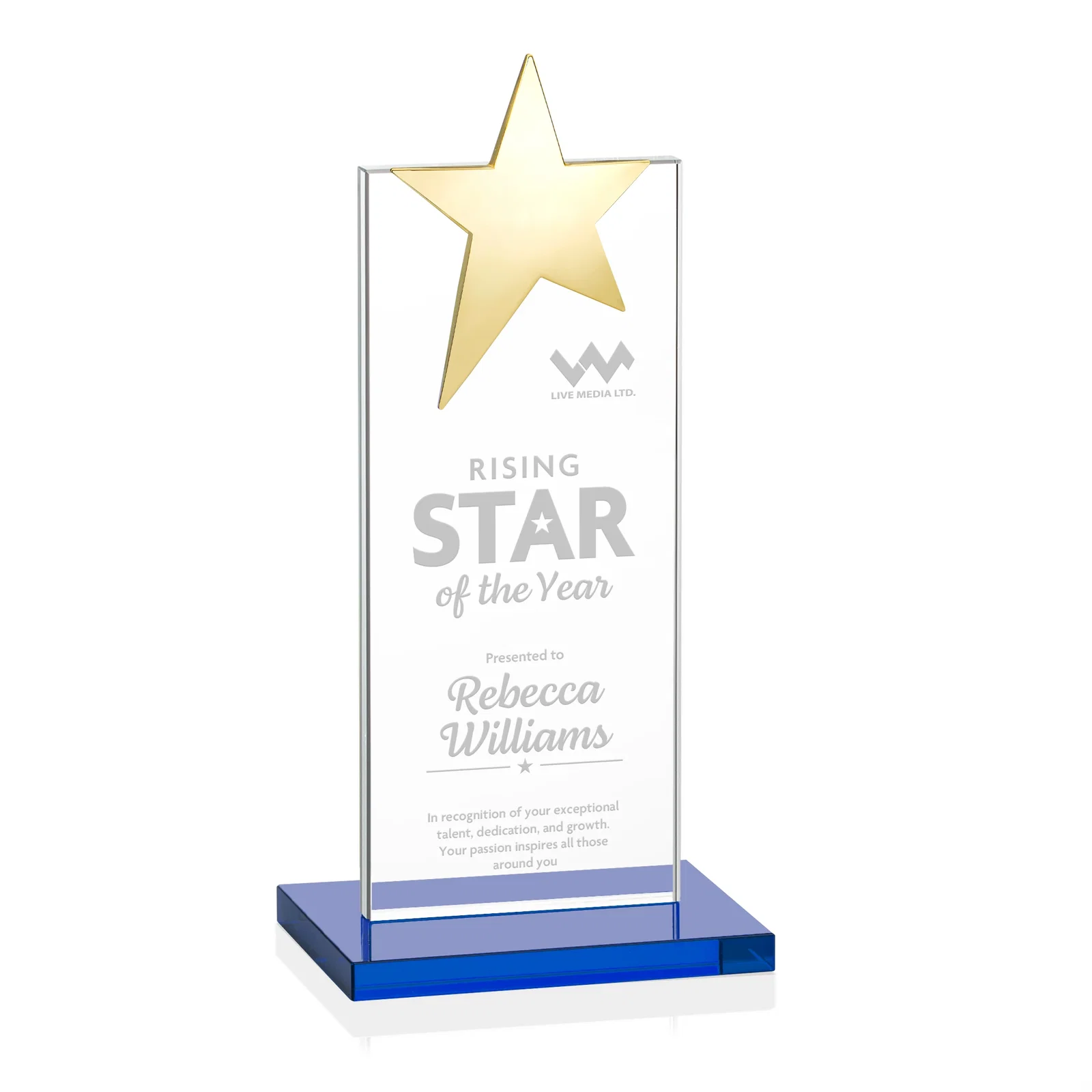 Custom printed Starfire Crystal Award with Fixed Chrome Star Top for dealer and partner awards