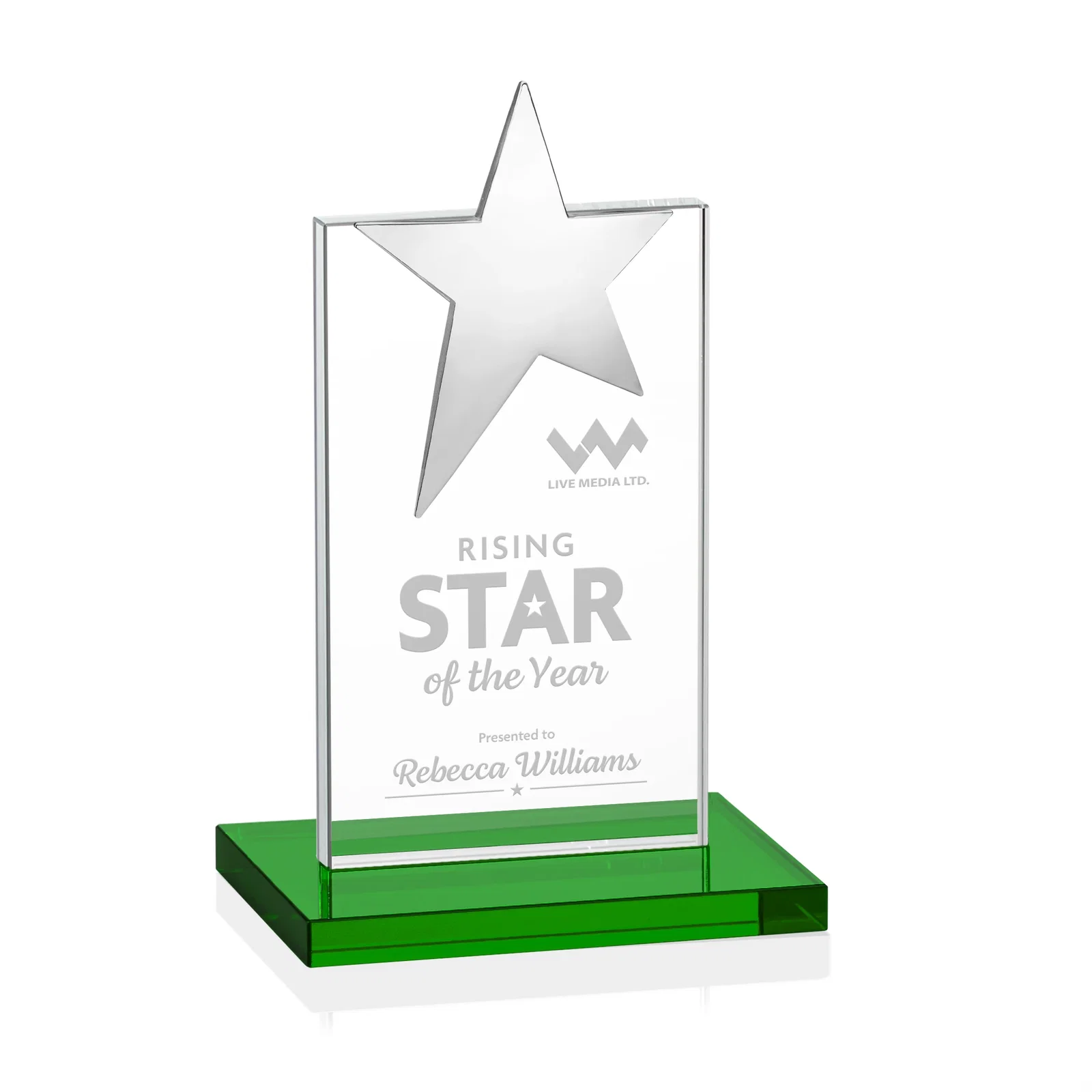 Custom Starfire Crystal Award with Fixed Chrome Star Top for team milestone celebrations