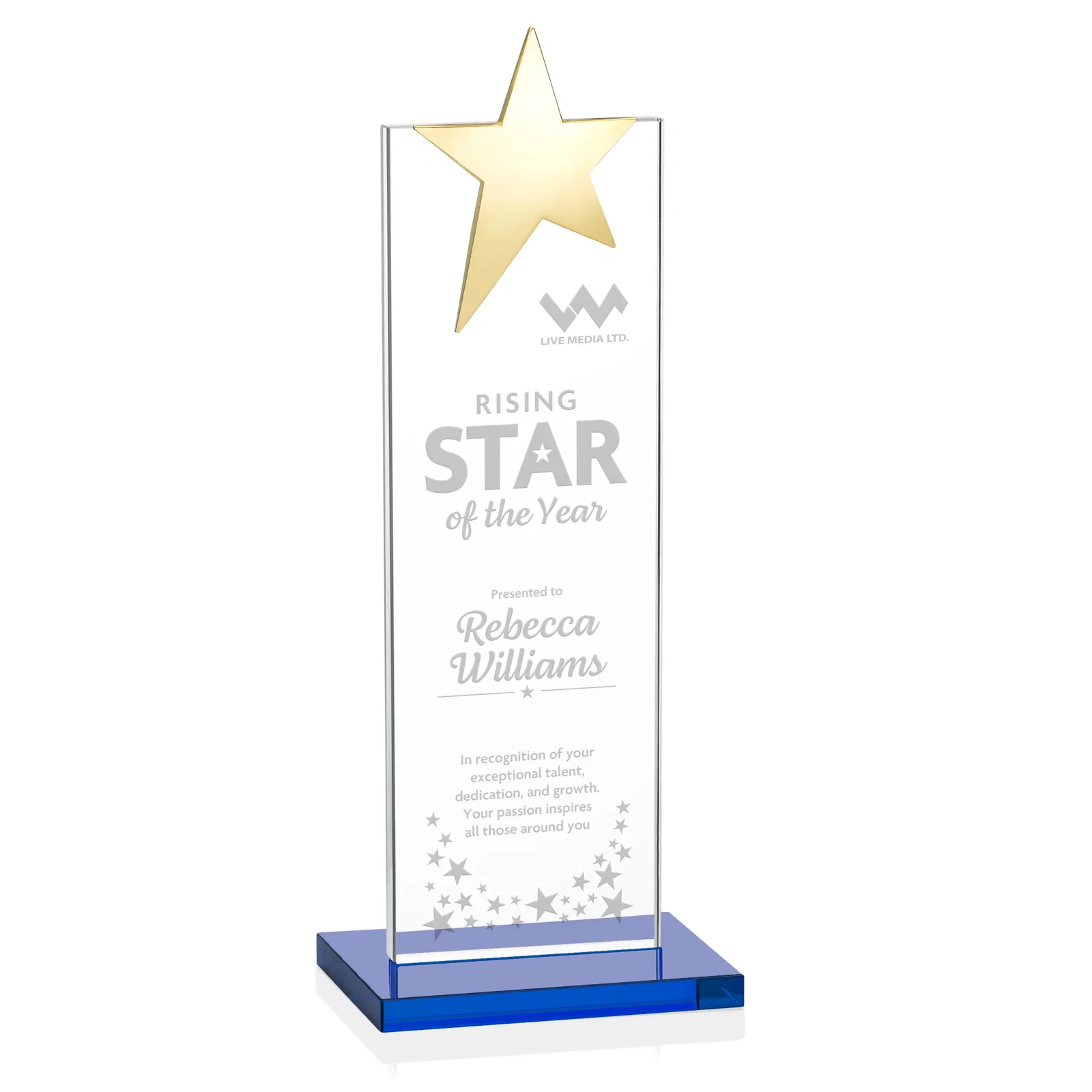 Custom printed Starfire Crystal Award with Fixed Chrome Star Top for company anniversary events