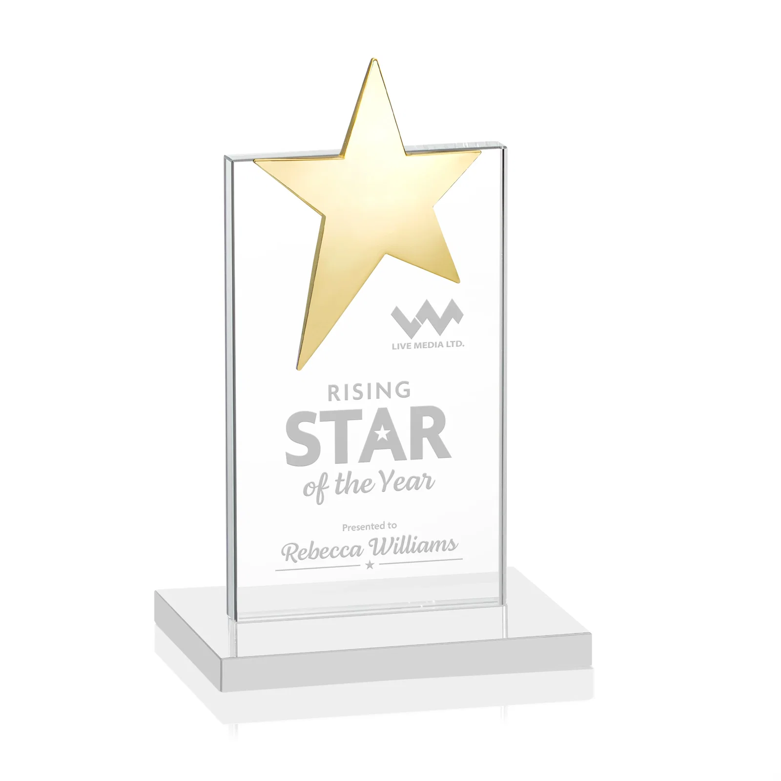 Customized Starfire Crystal Award with Fixed Chrome Star Top for corporate award ceremonies
