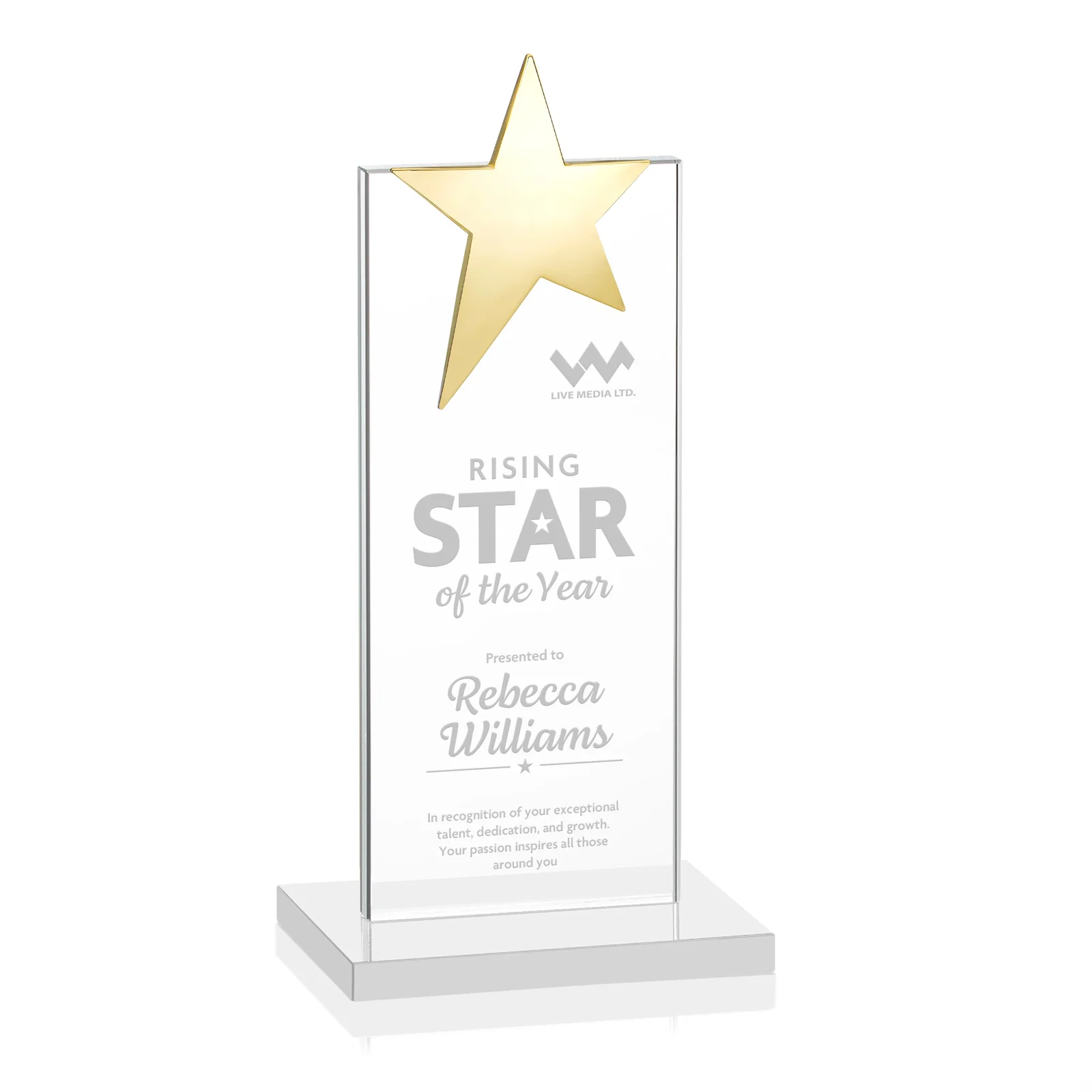 Customized Starfire Crystal Award with Fixed Chrome Star Top for service anniversary gifts