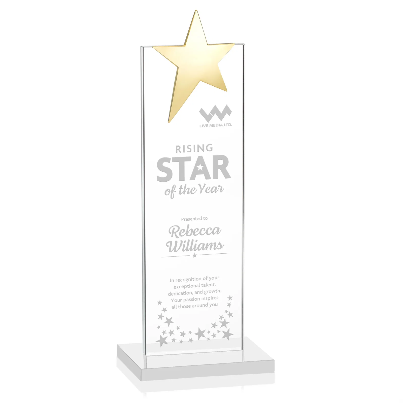 Customized Starfire Crystal Award with Fixed Chrome Star Top for sales achievement awards