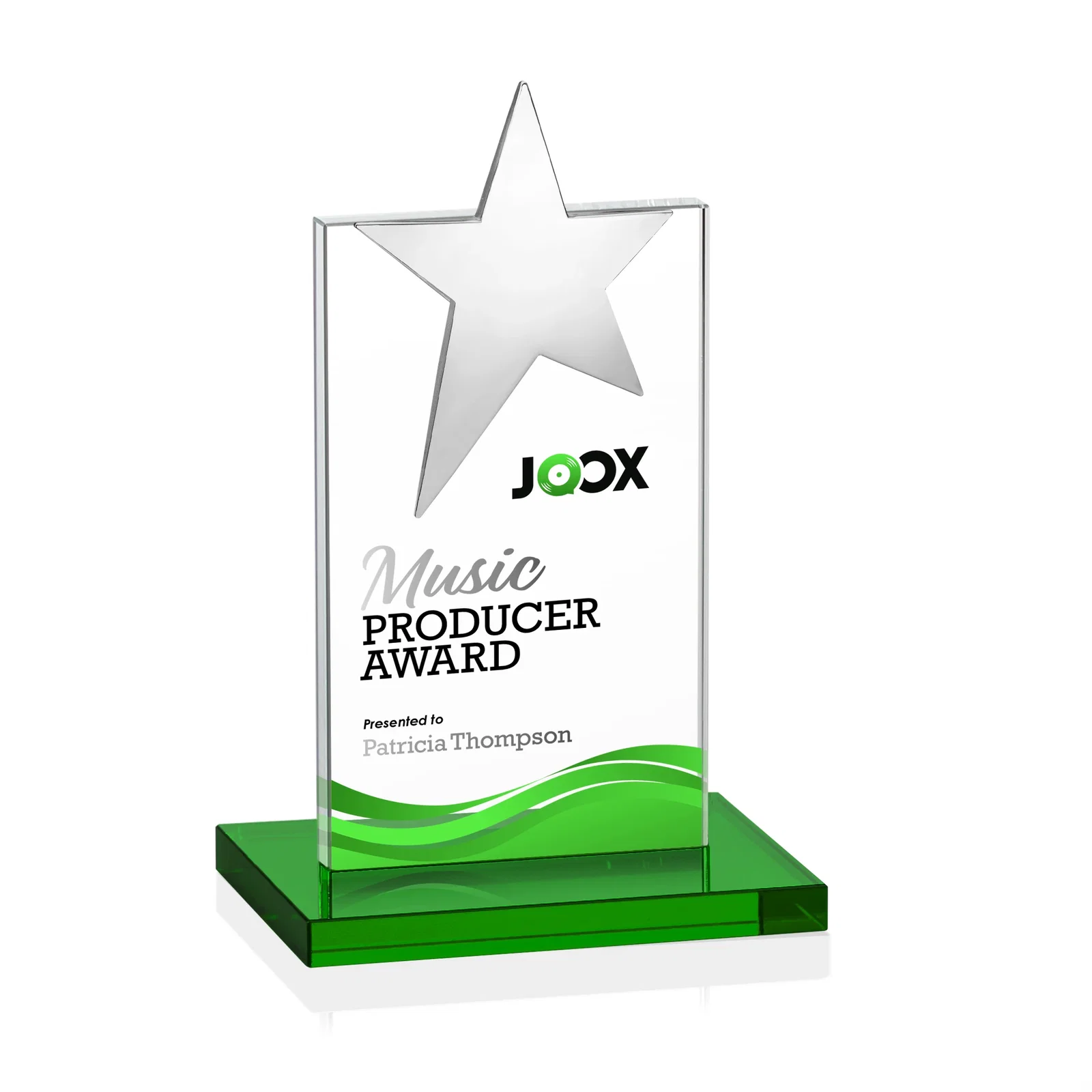 Custom engraved Starfire Crystal Award with Fixed Chrome Star Top for corporate award ceremonies