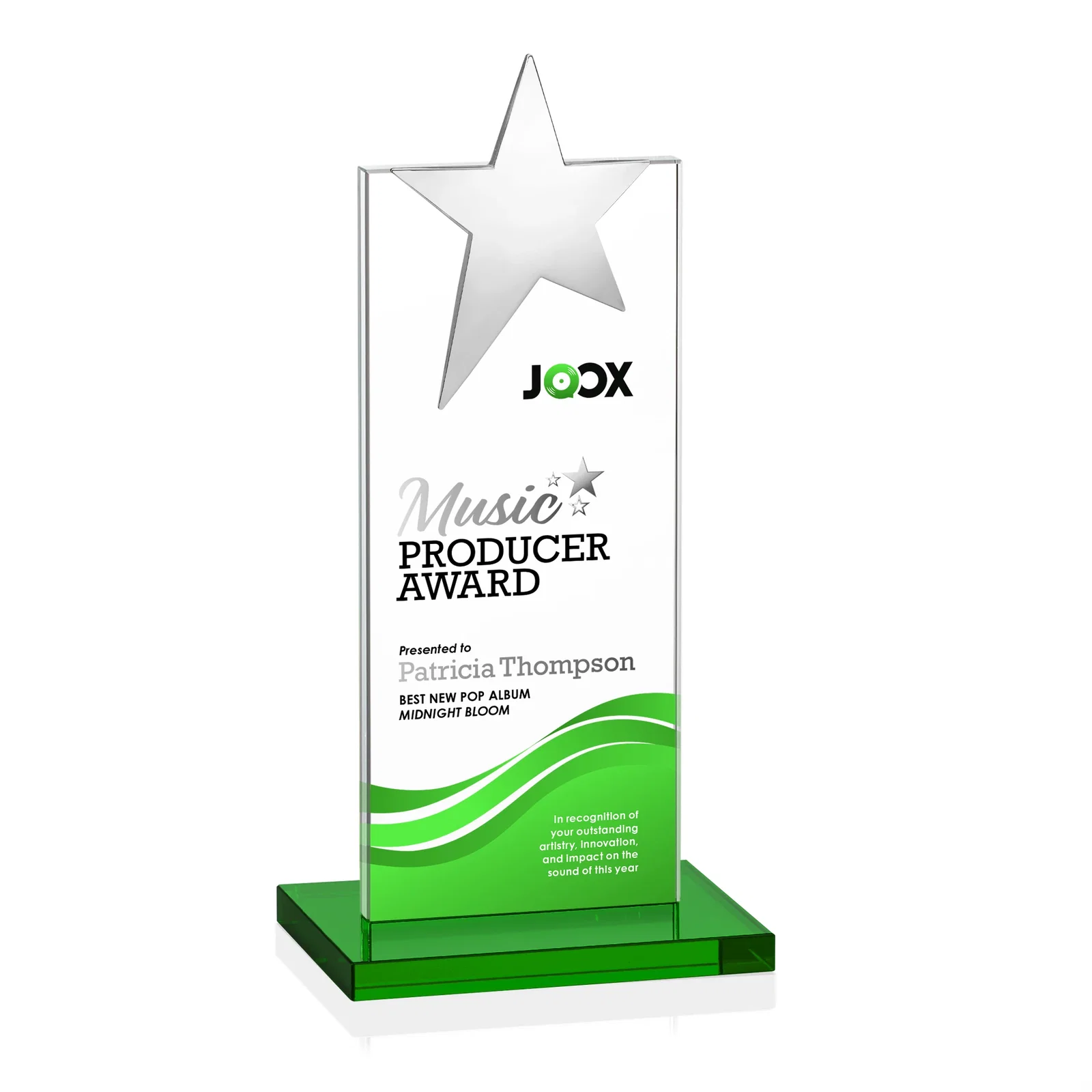 Custom engraved Starfire Crystal Award with Fixed Chrome Star Top for service anniversary gifts