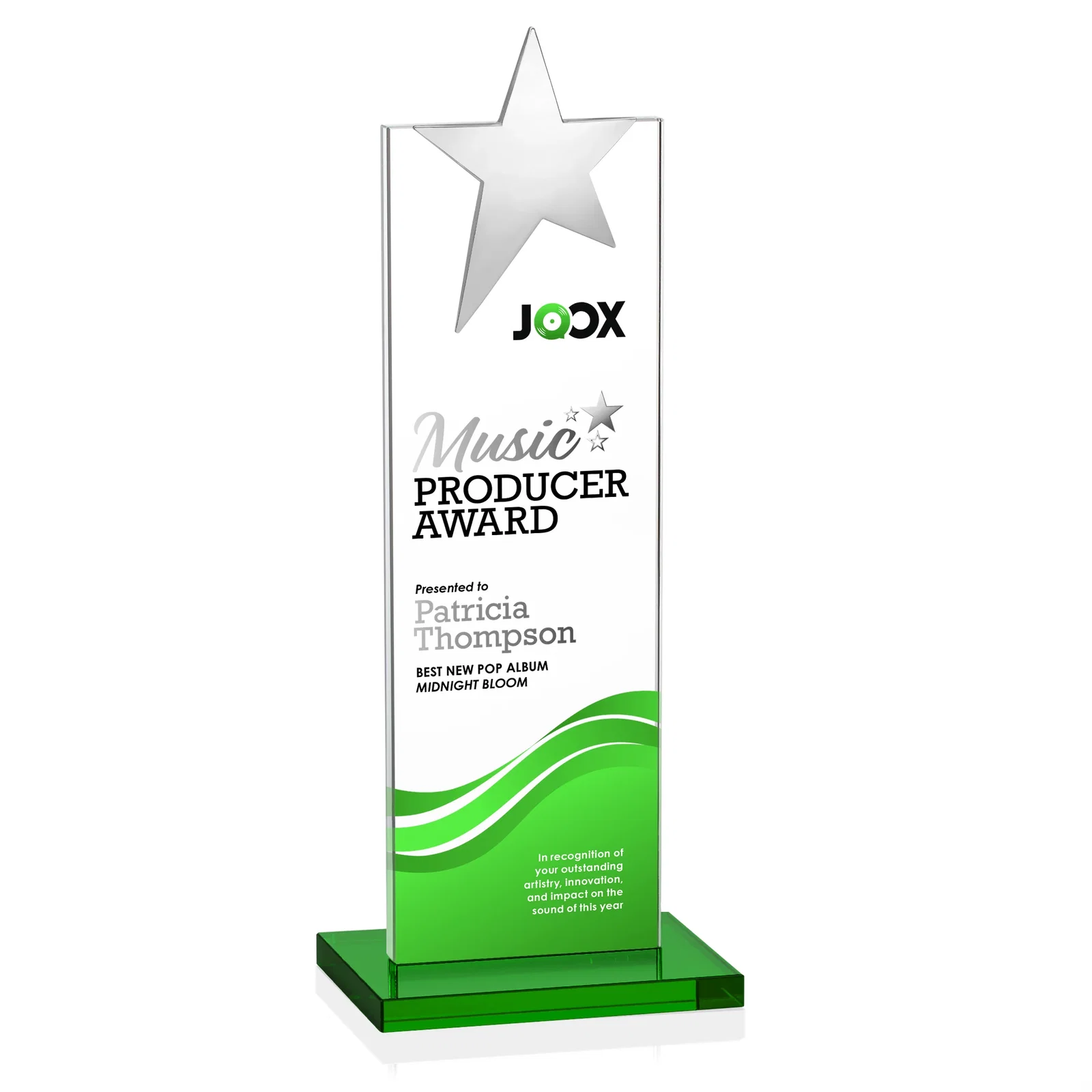 Custom engraved Starfire Crystal Award with Fixed Chrome Star Top for sales achievement awards