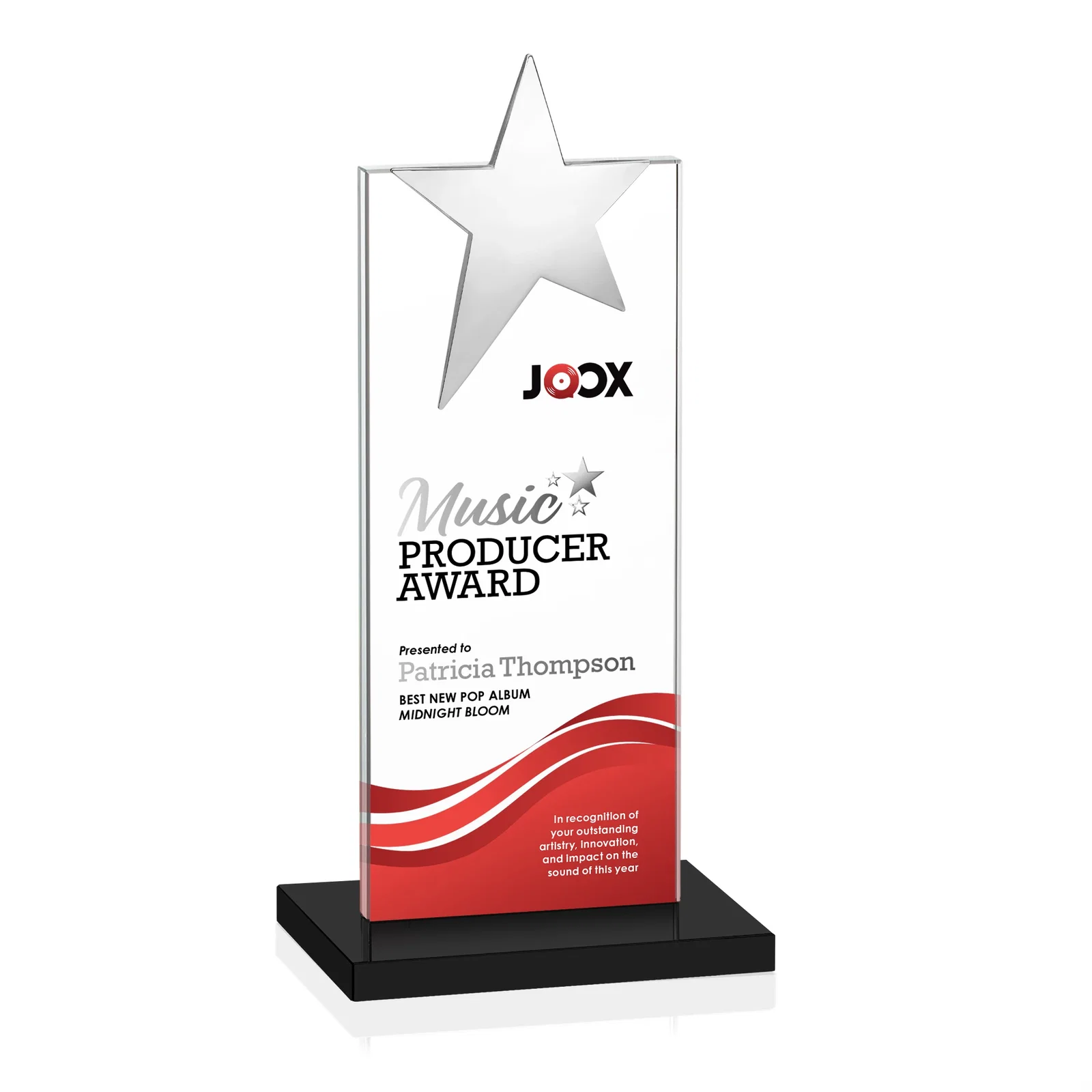Custom engraved Starfire Crystal Award with Fixed Chrome Star Top for donor appreciation