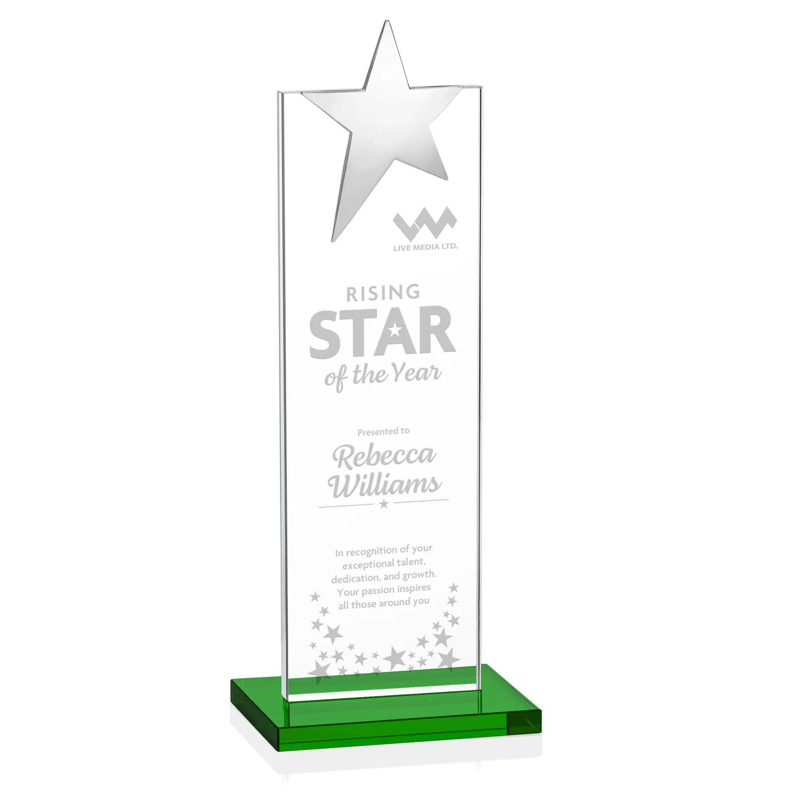 Custom Starfire Crystal Award with Fixed Chrome Star Top for graduation ceremonies