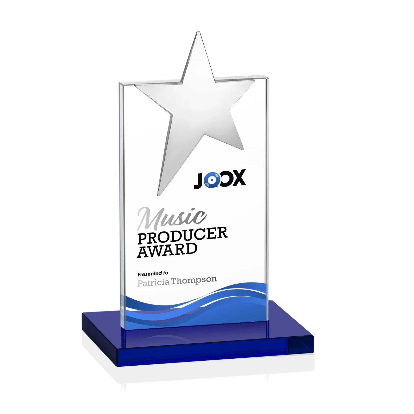 Custom engraved Starfire Crystal Award with Fixed Chrome Star Top for volunteer appreciation