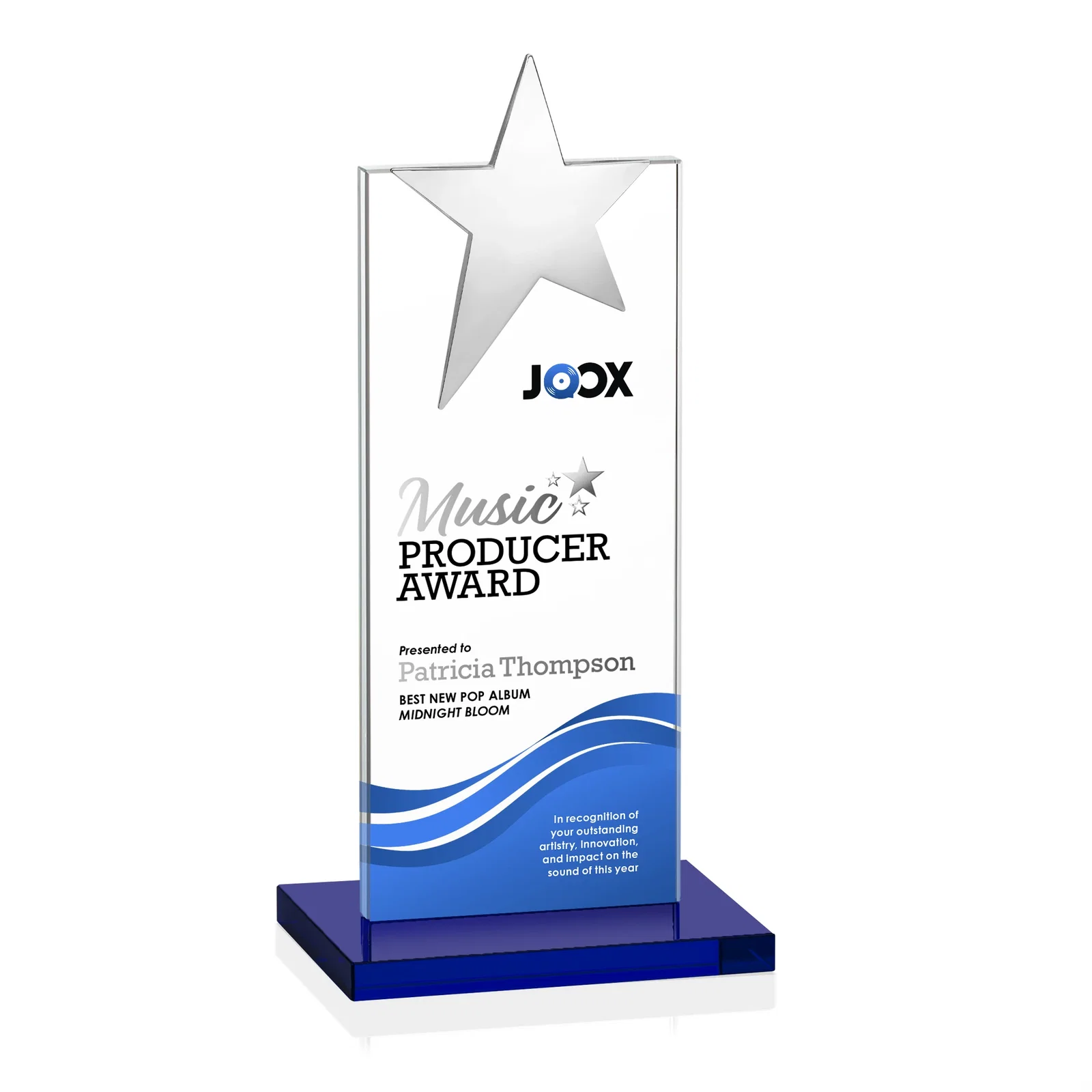 Custom engraved Starfire Crystal Award with Fixed Chrome Star Top for dealer and partner awards