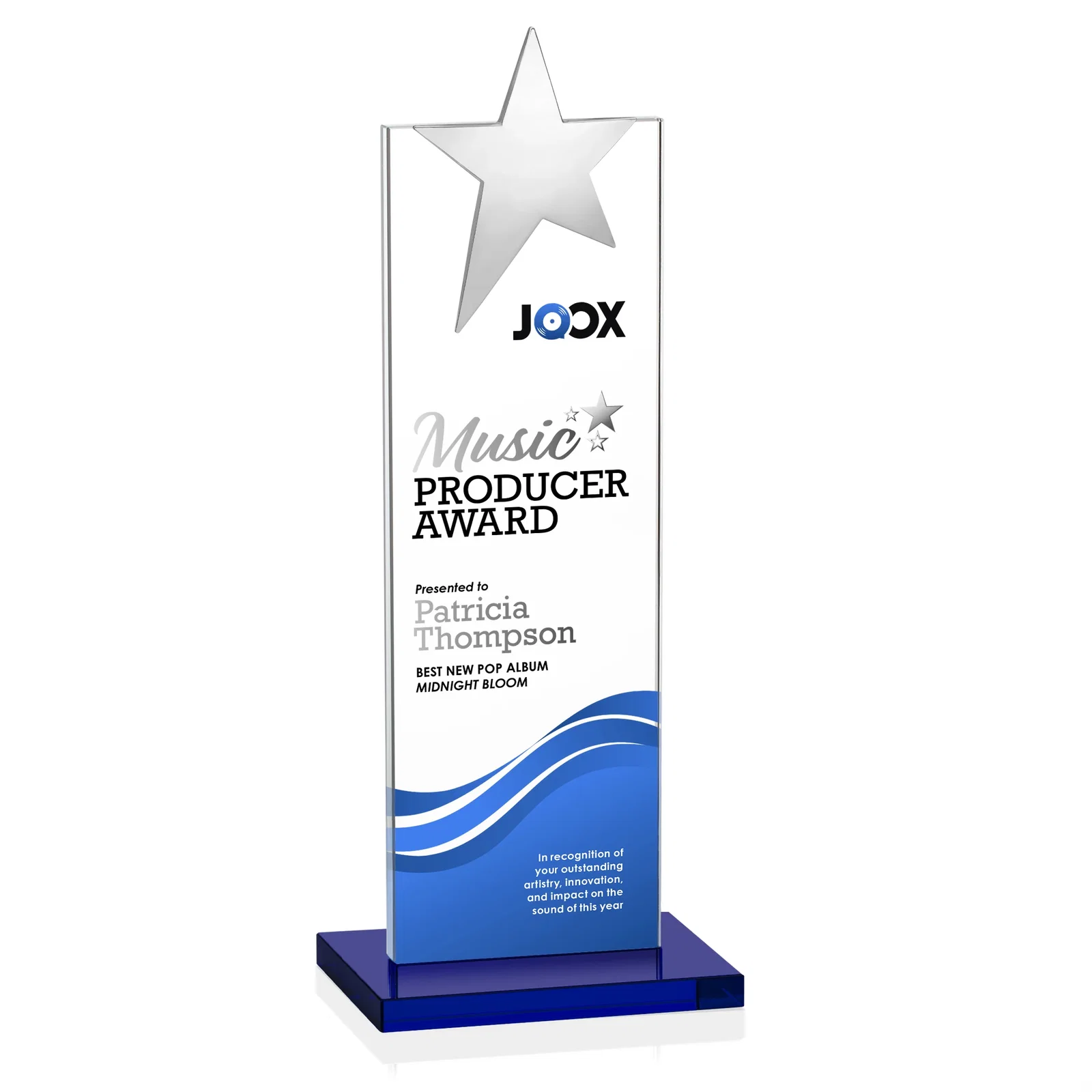 Custom engraved Starfire Crystal Award with Fixed Chrome Star Top for company anniversary events