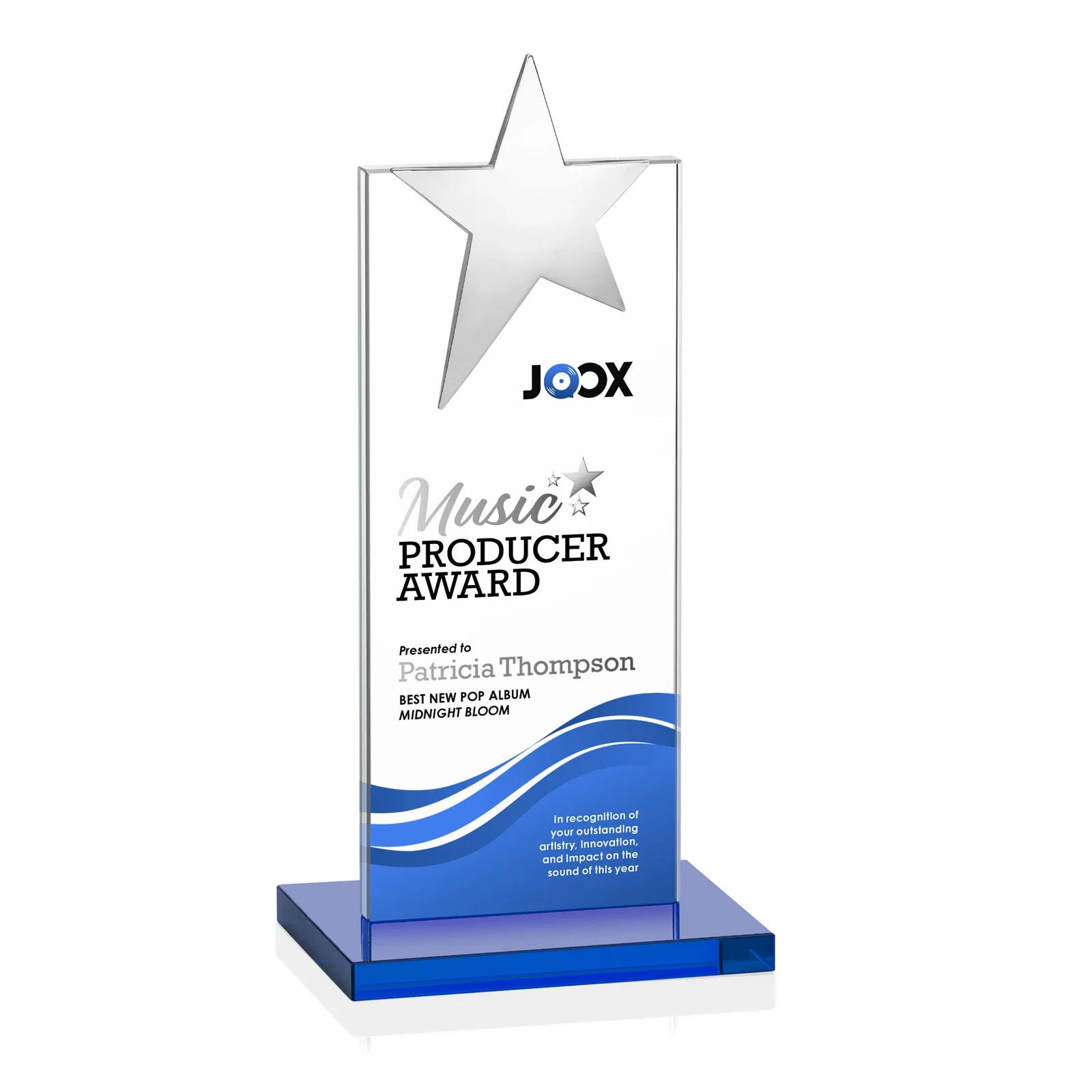 Custom Starfire Crystal Award with Fixed Chrome Star Top, with your logo for donor appreciation