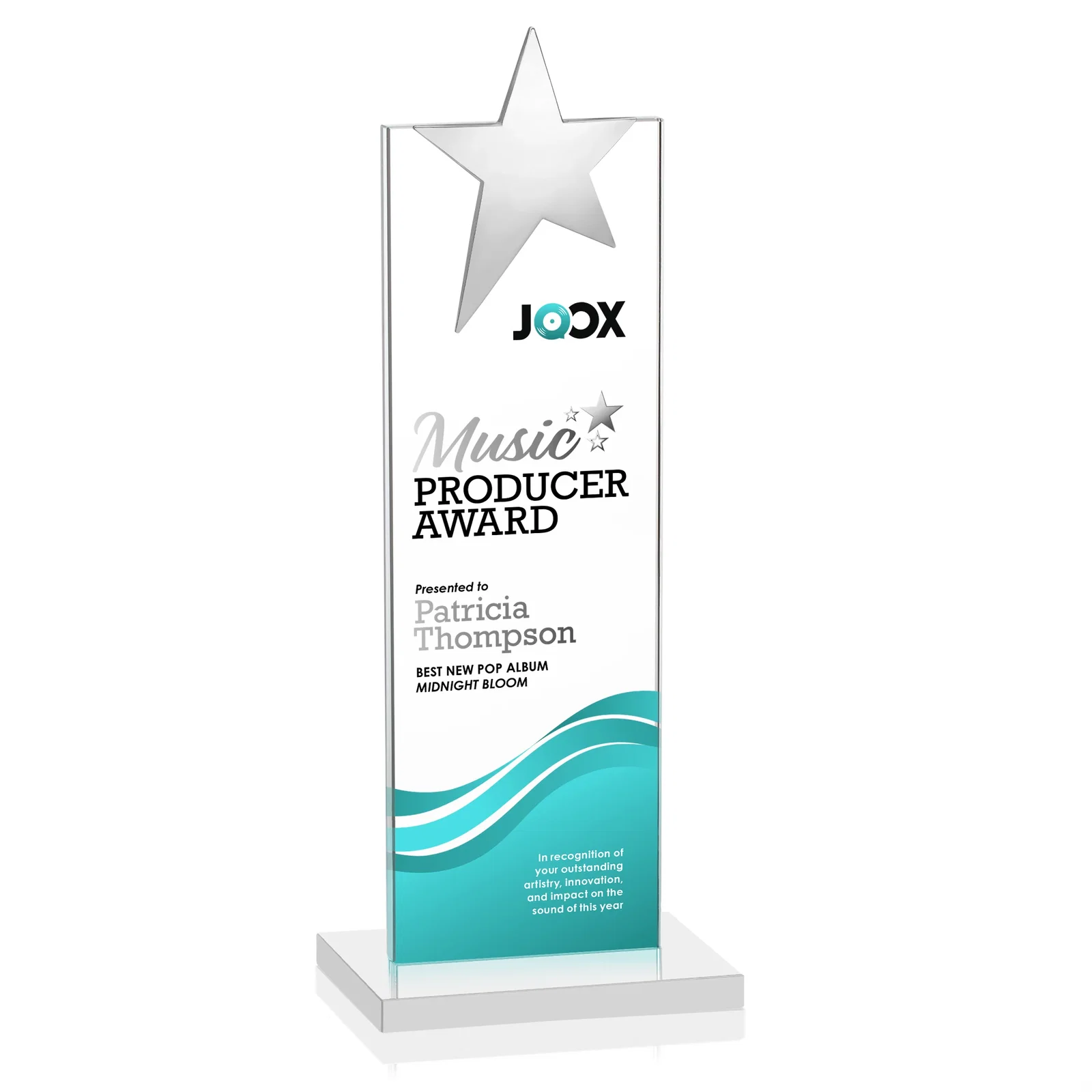 Custom Starfire Crystal Award with Fixed Chrome Star Top, with your logo for company anniversary events