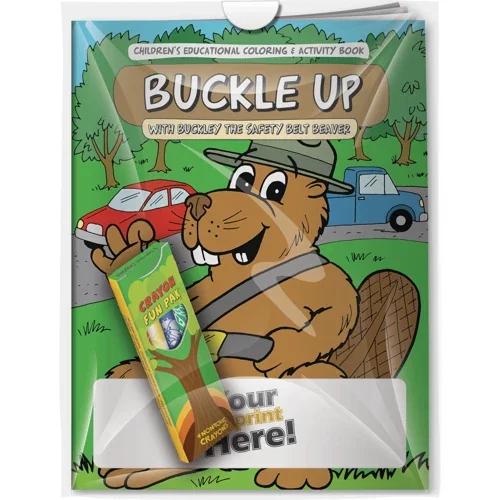 Buckle Up with Buckley the Safety Belt Beaver coloring book and 4-crayon Fun Pak combo in poly bag