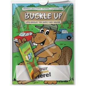 Buckle Up with Buckley the Safety Belt Beaver Coloring Book & Crayons Combo Pack (Imprinted Crayons)