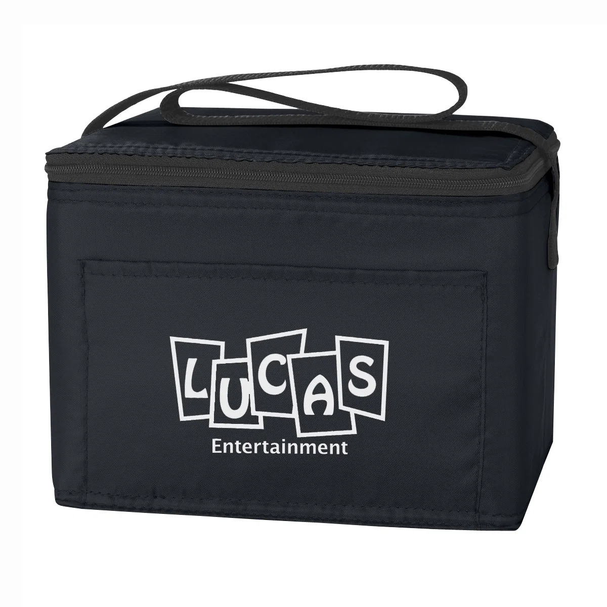 Black cooler bag sized to hold six drink cans