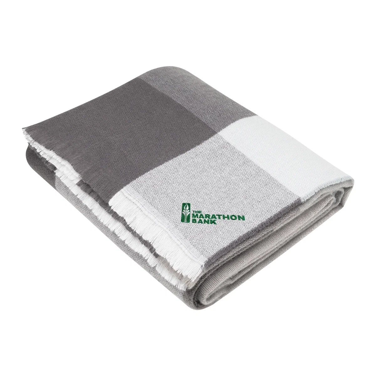 Gray and white buffalo check throw folded into a square