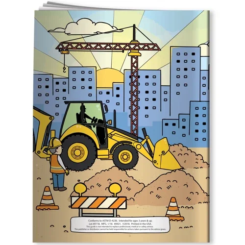 Building & Construction coloring book interior page with worksite scenes to color