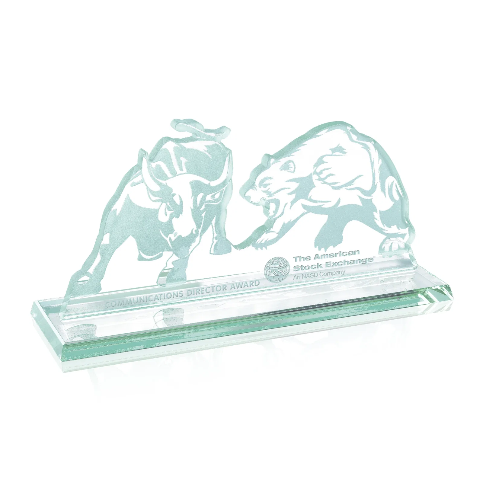 Custom Aquashaped Jade Glass Bull and Bear Award for employee recognition
