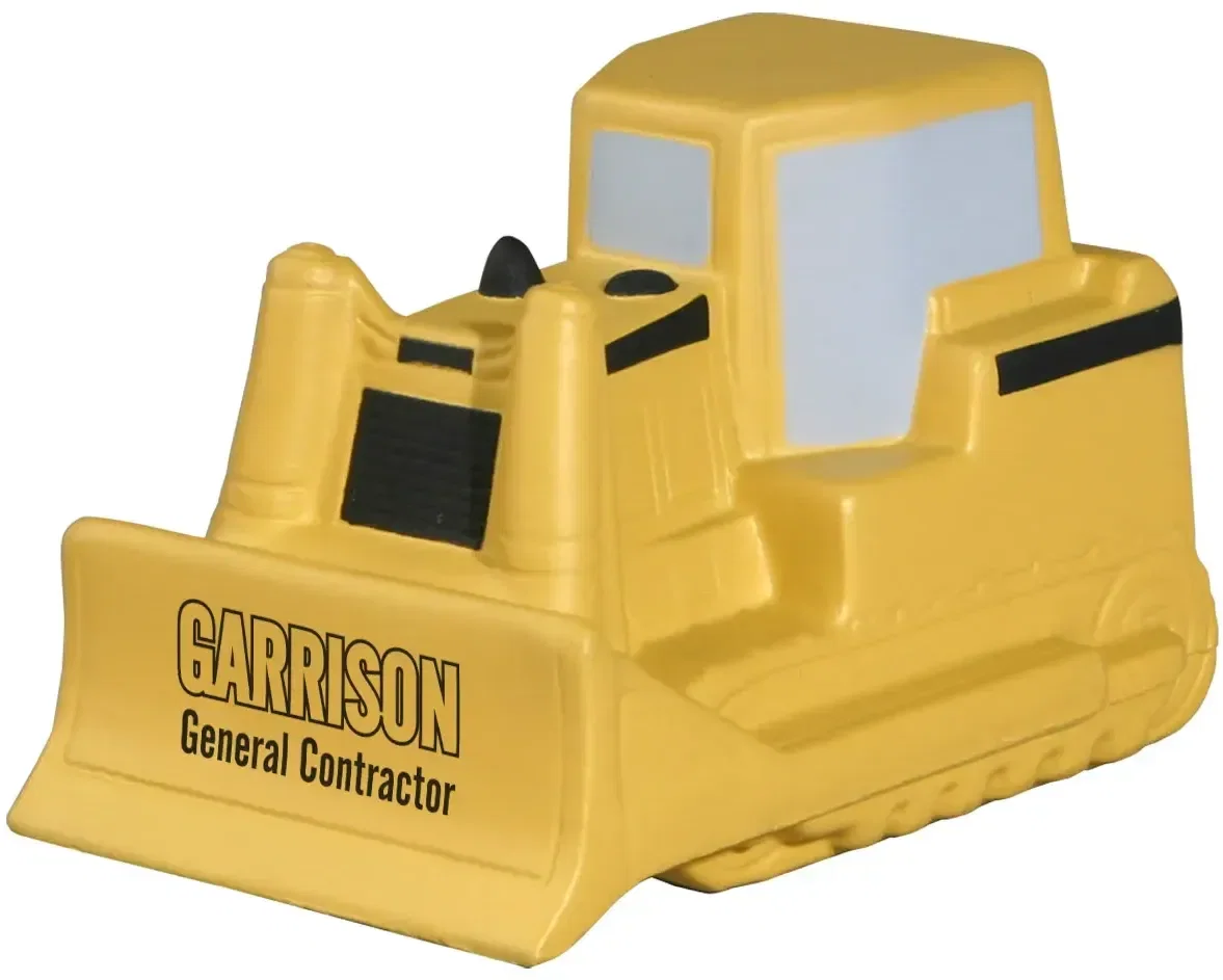 Bulldozer Stress Reliever, a custom dozer-shaped squeeze toy for logo-branded construction promotions