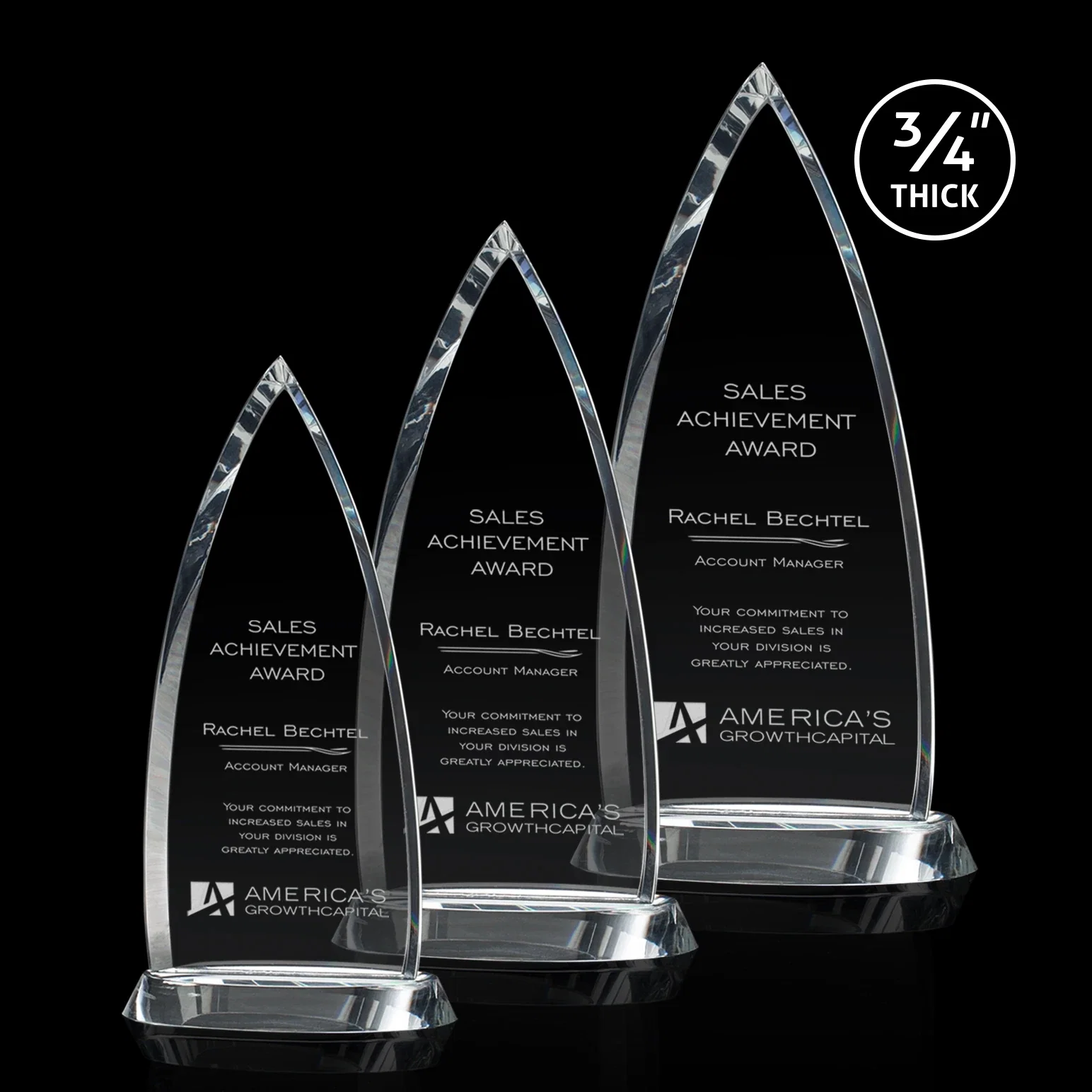 Custom Starfire Crystal Peak Award on Curved Round Base, awards for employee recognition