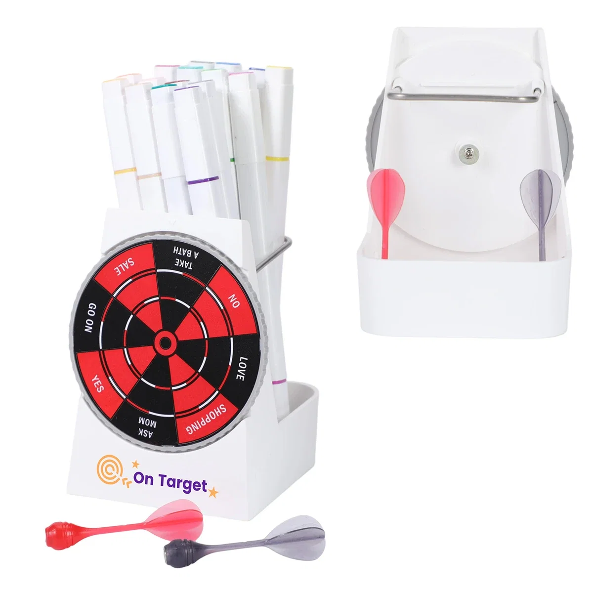 Bullseye Dart Game and Pen Holder shown loaded with pens, plus a back view of the dartboard base