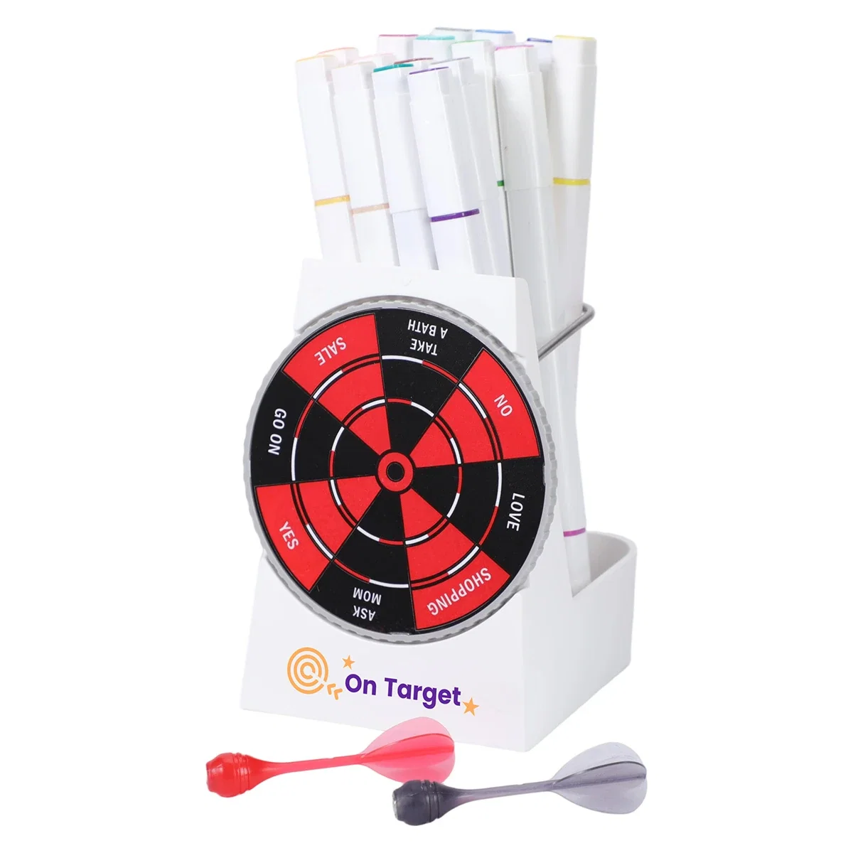 Angled view of the custom Bullseye Dart Game & Pen Holder